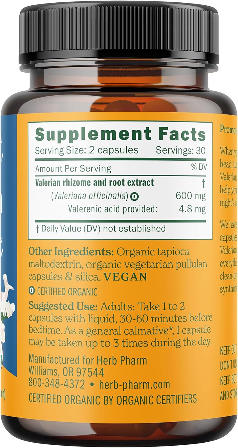 Herb Pharm Valerian Root Sleep Support Capsules: Certified Organic Sleep Aid for Adults Valeriana Extract for Relaxation, Non-Bitter, Melatonin Free, Vegan, ~30-60 Day Supply, 60 Capsules*