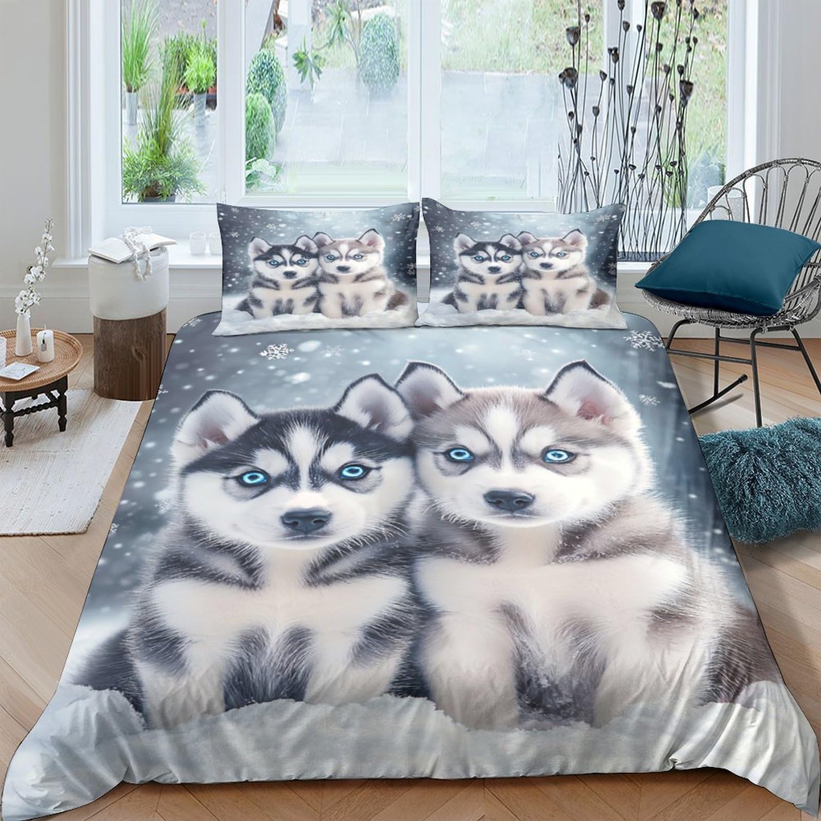 Ctjqhvkz Style-5 3D Printed Husky Puppy Fitted Sheet Microfiber Soft Animal Pattern Mattress Cover For Bedroom Dorm Home Decor, Washable Non-Slip Single（135X200cm）