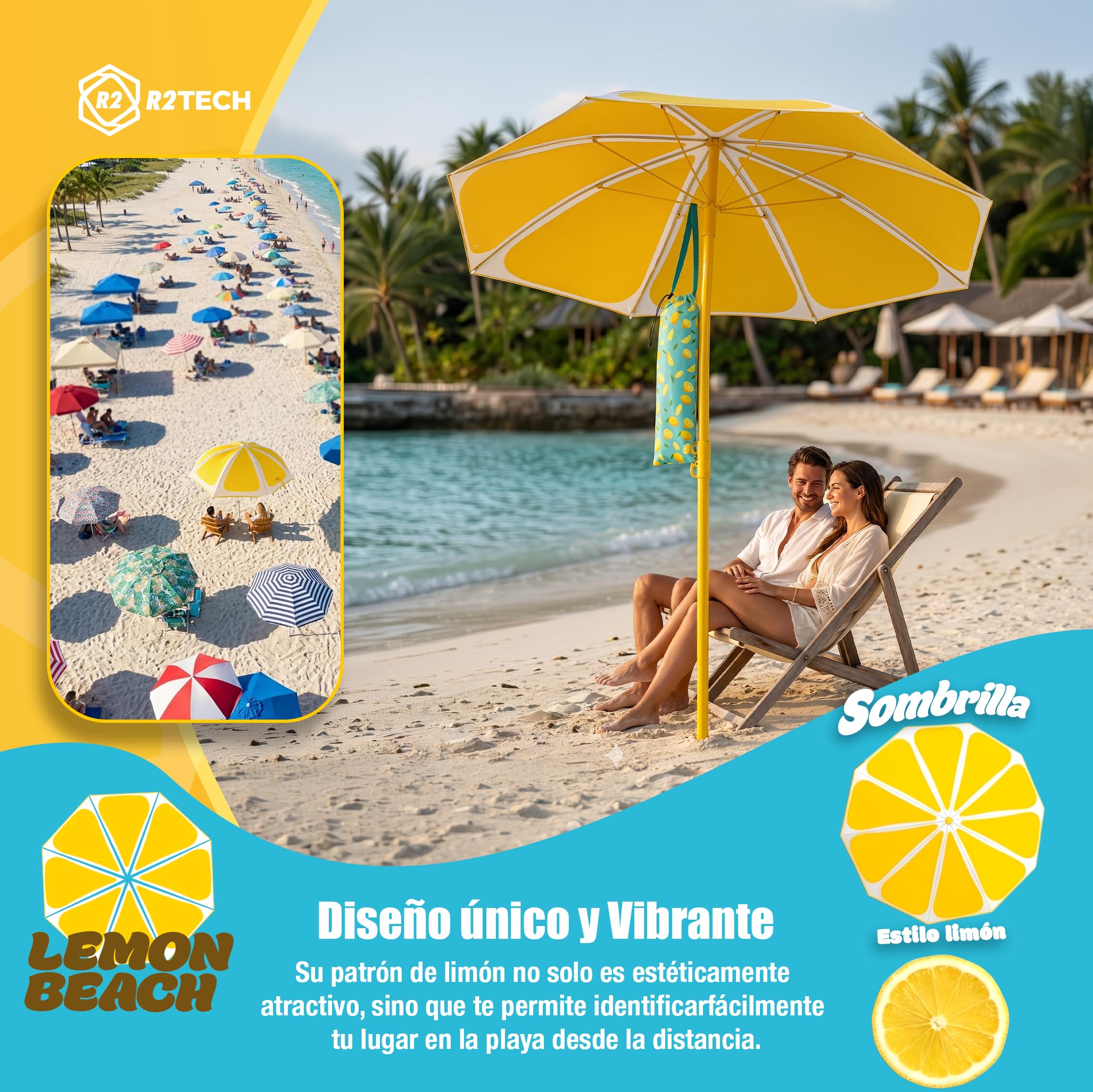 SUPER PACK Sombrilla Playa Plegable | Parasol con Altura 210cm y Diámetro 160cm | Sombrilla Compacta para Maleta | Protección Verano 2 Plazas UPF 50+ | Mástil Aluminio Amarillo 109C