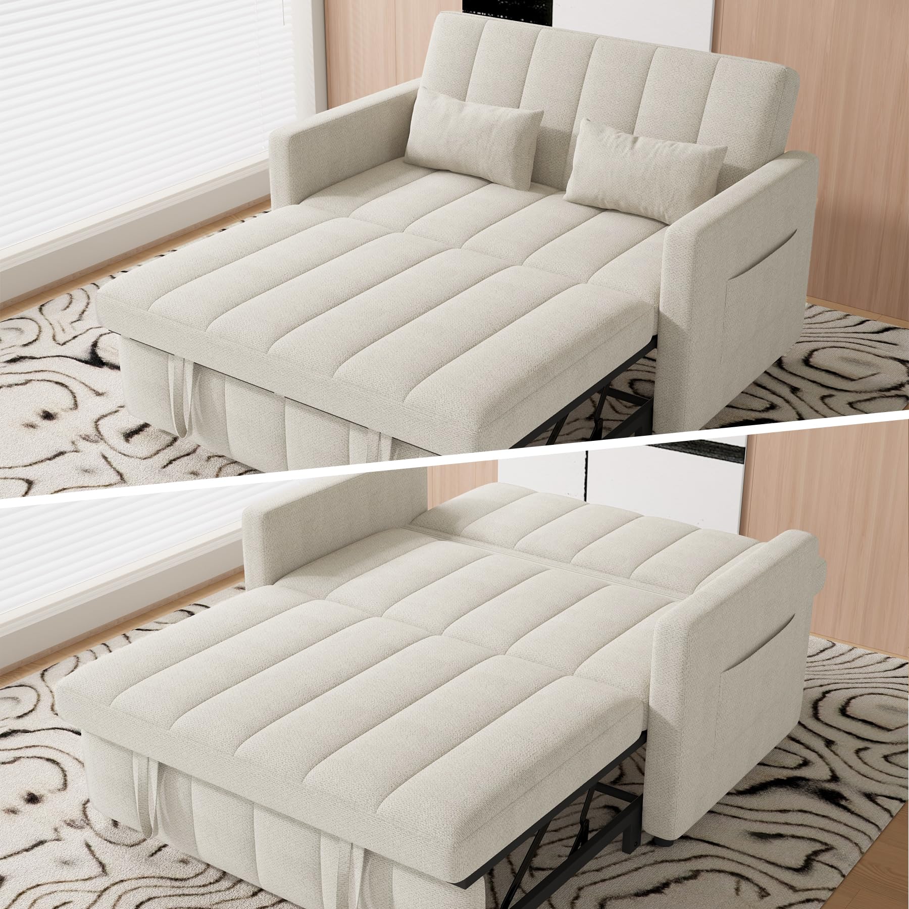 Nebuaegis Sleeper Sofa Bed,3-in-1 Convertible Pull Out Couch with Adjustable Backrest for Living Room,Loveseat Sofa Bed with Side Pockets,Easy Assembly,Beige,1 PCS