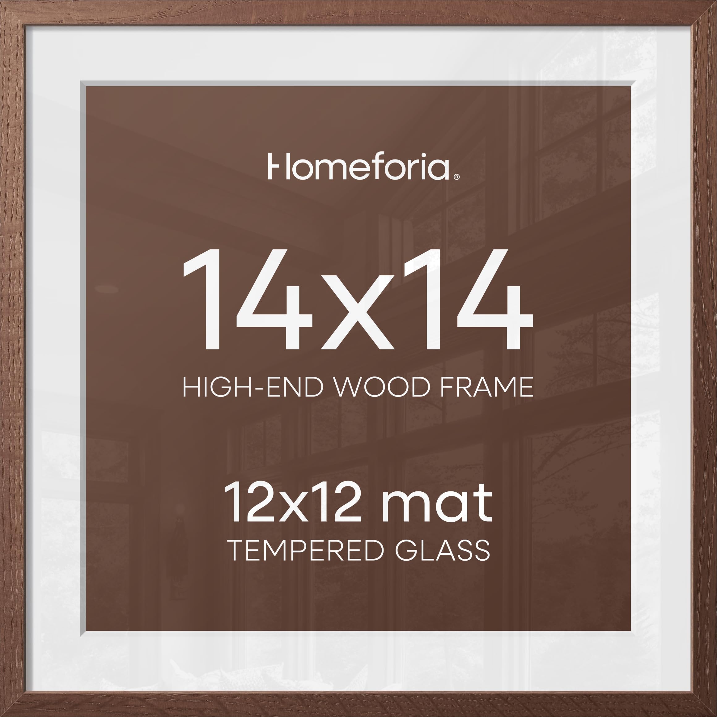 Homeforia 14x14 Brown Oak Picture Frame, High-End Wood, 12x12 Mat, Glass | High End Solid Oak Wood, Tempered Glass, Acid-Free 12x12 Removable Mat, 14x14 Edge-to-Edge Display 14x14, Wall Kit, Set Of 1