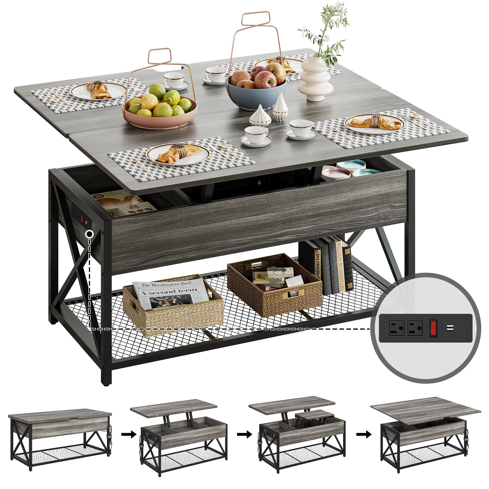 43" Coffee Table with Lifting Top & Charging Station, 4 in 1 Multi-Function Coffee Tables for Living Room, Coffee Table Converts to Dining Table with Hidden Compartment & Metal Frame