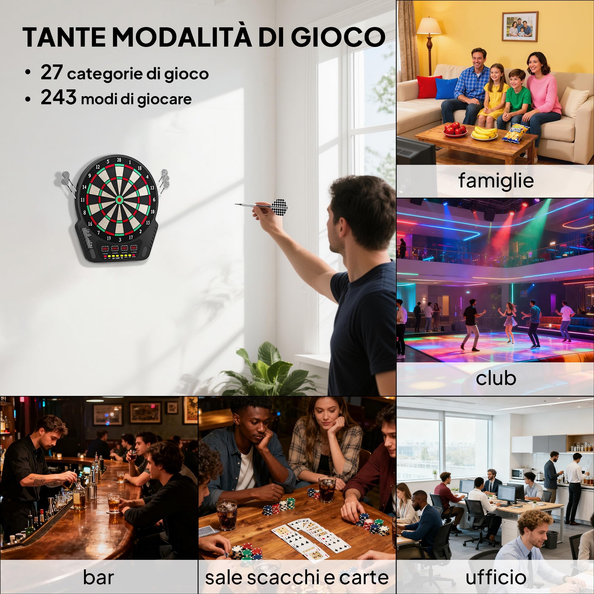 HOMCOM Tabellone Freccette Elettronico 243 Programmi 27 Giochi 6 Freccette 4 Display LED 44x51.5x3.2 cm Nero