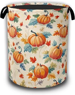 Thanksgiving day Laundry Baskets,Autumn Pumpkins Flowers Leaves Laundry Hamper,Storage Basket with Handles for Bathroom Bedroom College Dormitory Living Room Nursery Organizer 16"x20.8"