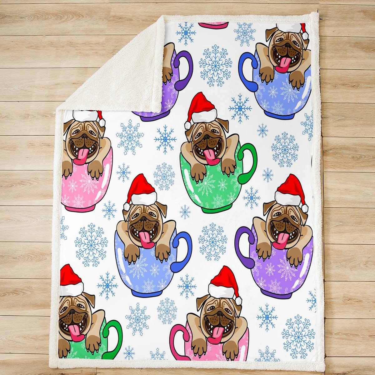 Manta de felpa para niños y mascotas, con diseño de copos de nieve, diseño de copos de nieve, diseño de pug, cachorro, sherpa, manta de animales kawaii, manta mullida para sofá cama, colorido tamaño