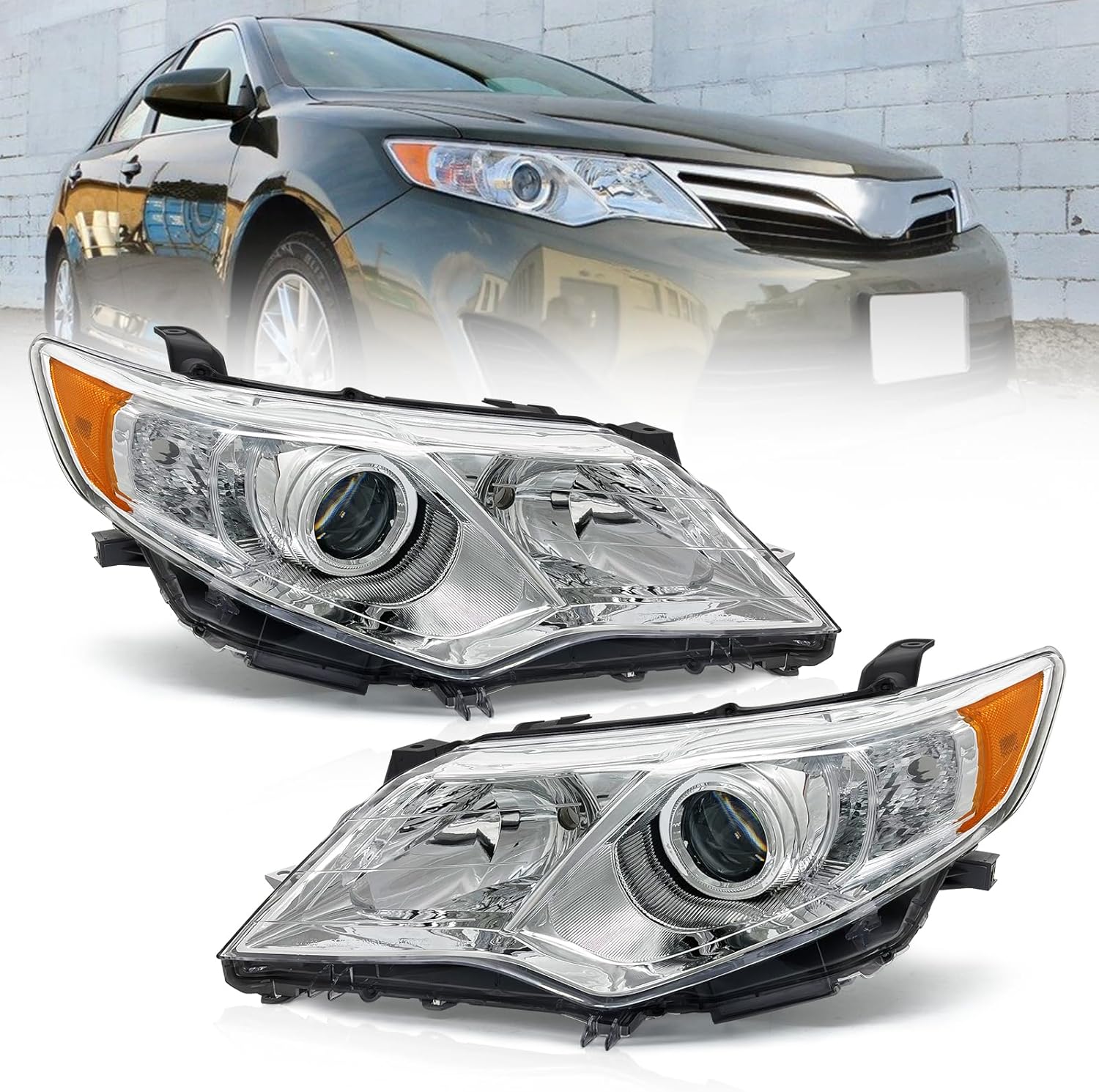 Headlights for 2012 2013 2014 Toyota Camry L/Se/Le/Xle Sedan 4-Door Driver and Passenger Side Chrome Housing with Amber Reflector Headlamp Replacement