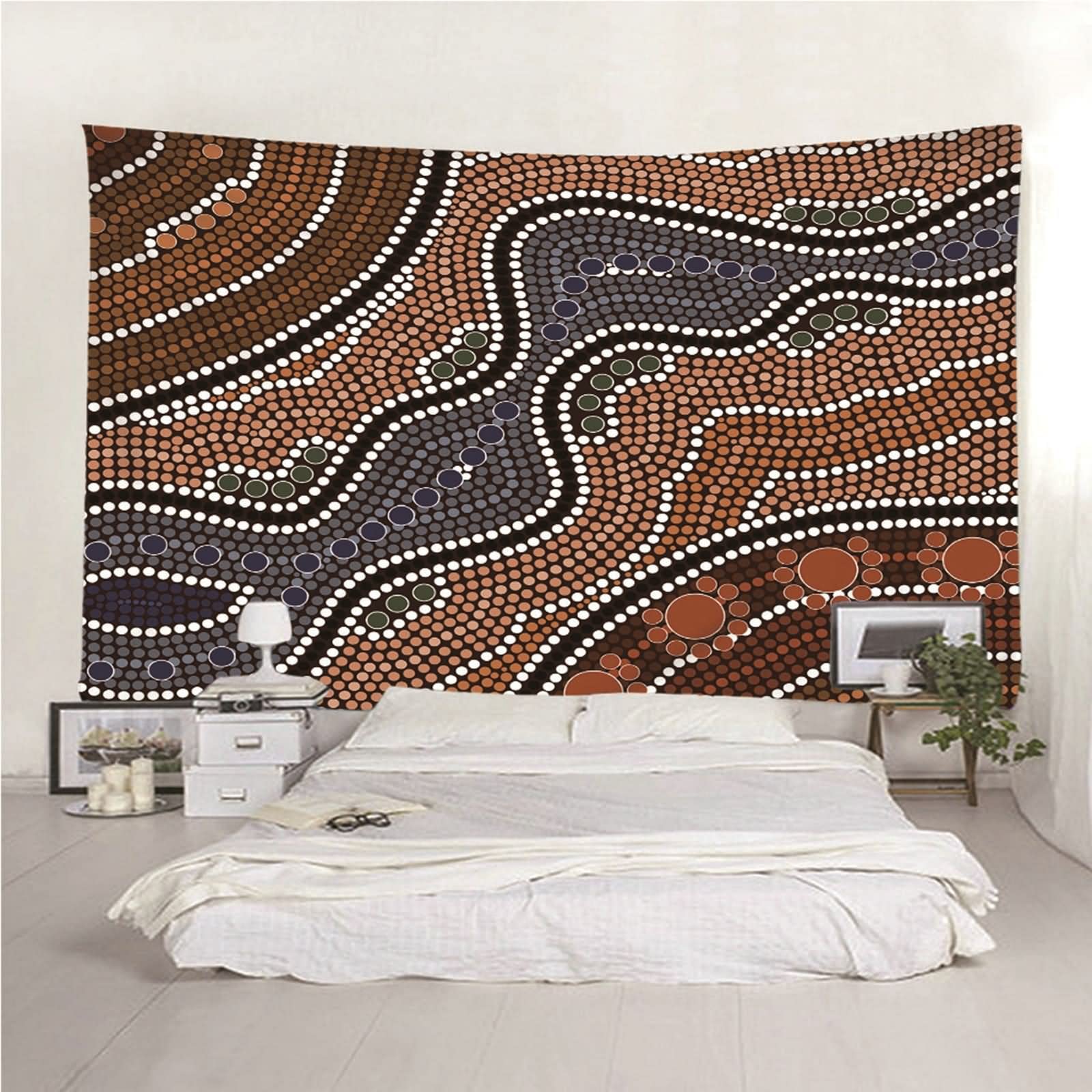 Tapiz Tela Pared, Decoración Baño Pared Patrón de Geometría de Círculos Poliéster Cafe Blanco 240x220CM