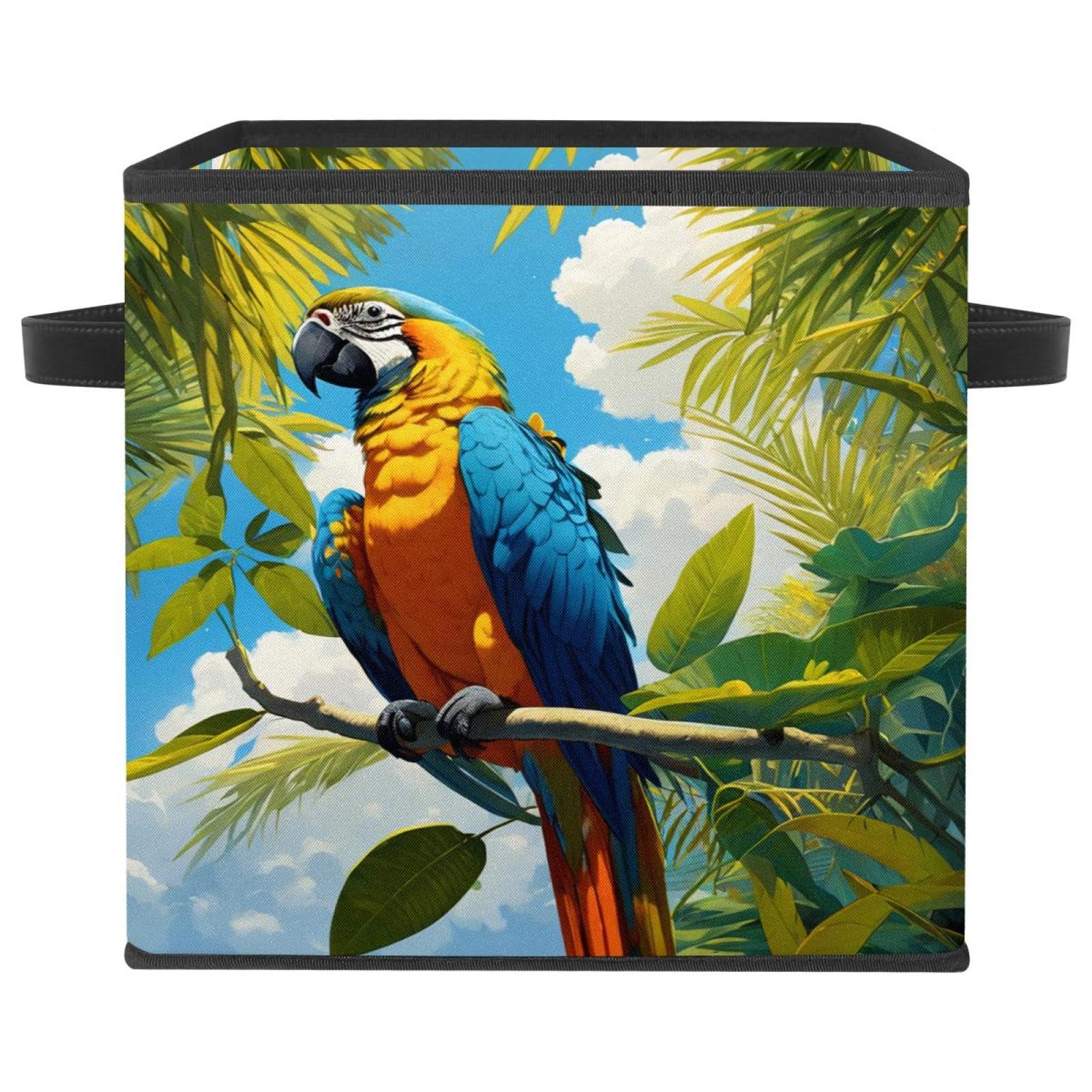 Boîte de rangement pliable motif perroquet avec poignées en cuir grand cube pour placard