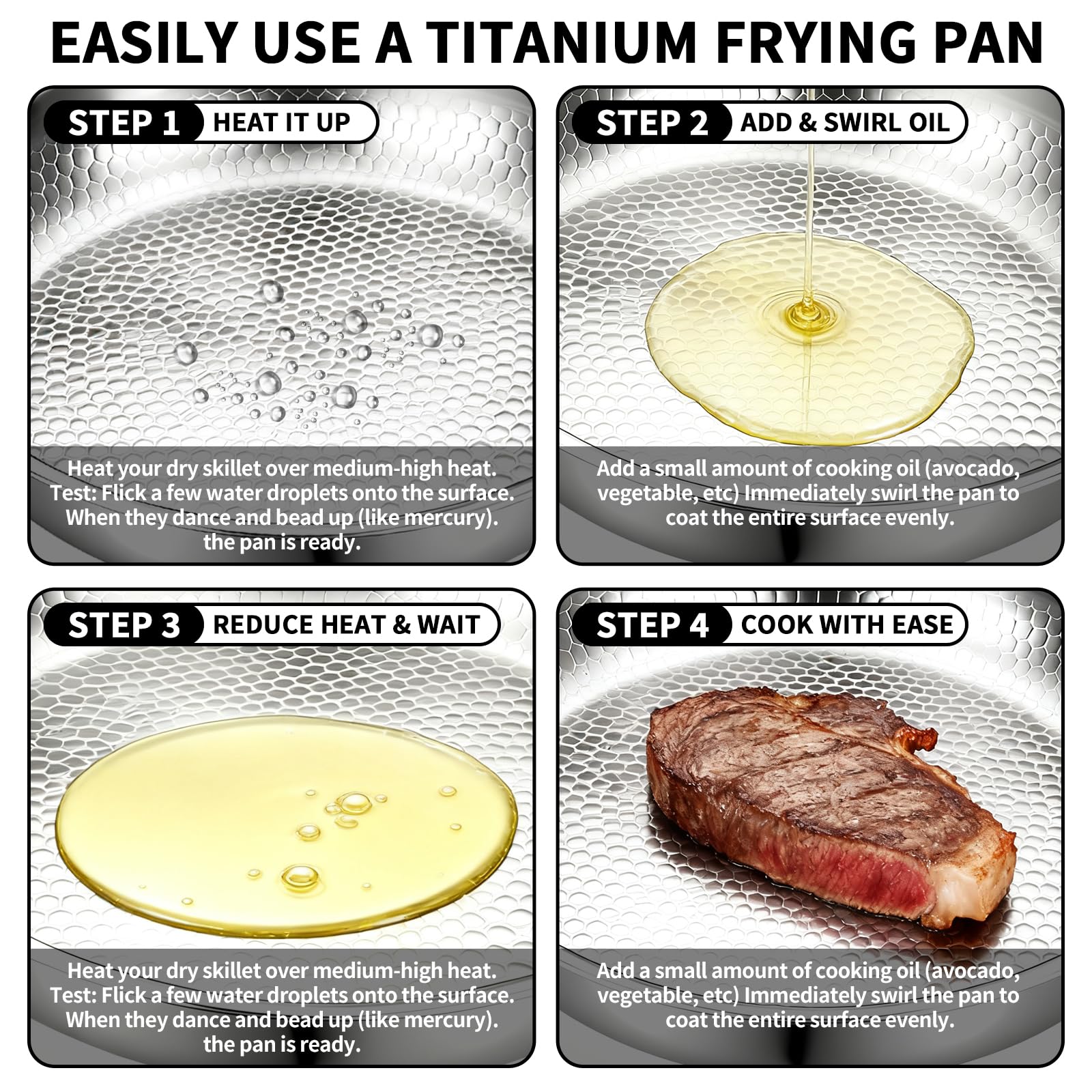 Titan, padella da 26 cm, in titanio con motivo martellato | Padella in titanio non rivestita con spugna abrasiva, coperchio e spatola, adatta a tutti i piani cottura