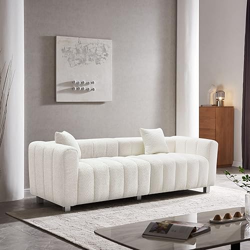 Miniatura 7 de PEIHONGET Sofá de mediados de siglo de 87.4 pulgadas, sofá de 3 plazas con dos almohadas, sofá tapizado de tela de peluche copetudo de madera maciza