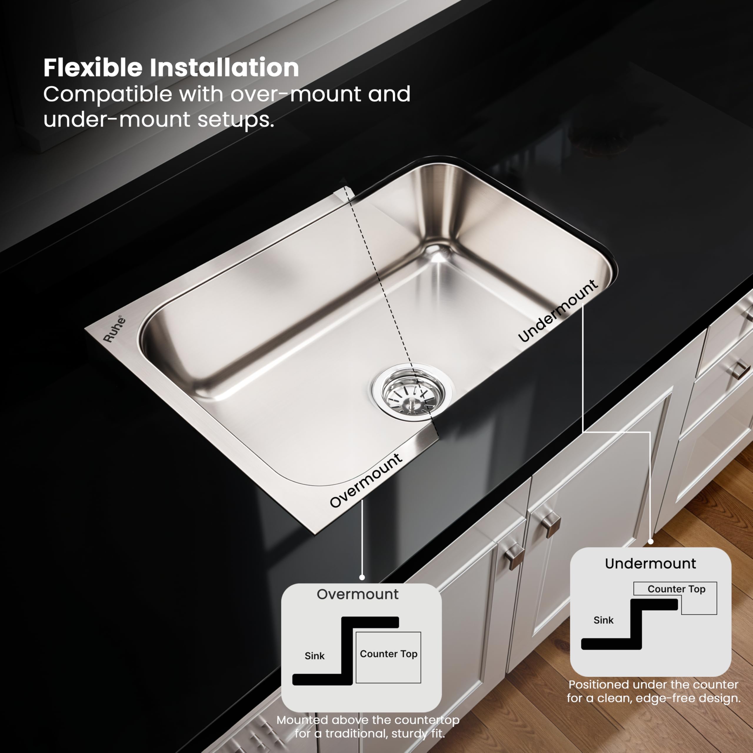 Ruhe® Hydraulic Square Single Bowl Kitchen Sink - 24x18x9 inches | 304-Grade Stainless Steel Sink with Glossy Finish | Kitchen Sink Including Coupling and Waste Pipe 4