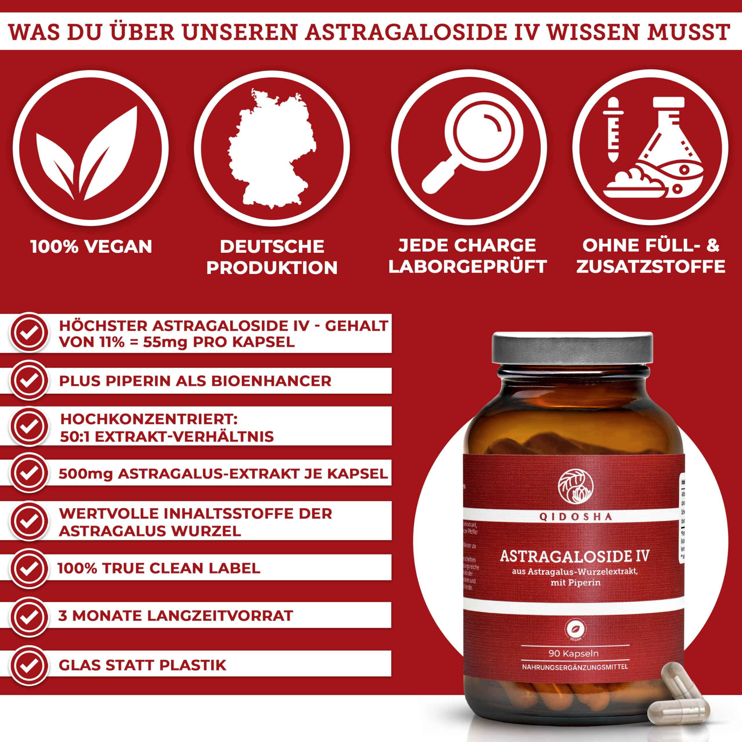 QIDOSHA® Astragaloside IV aus Astragalus-Wurzelextrakt plus Piperin, höchster Astragalosid IV Gehalt, 90 Kapseln im Apothekerglas, deutsche Fertigung, jede Charge laborgeprüft
