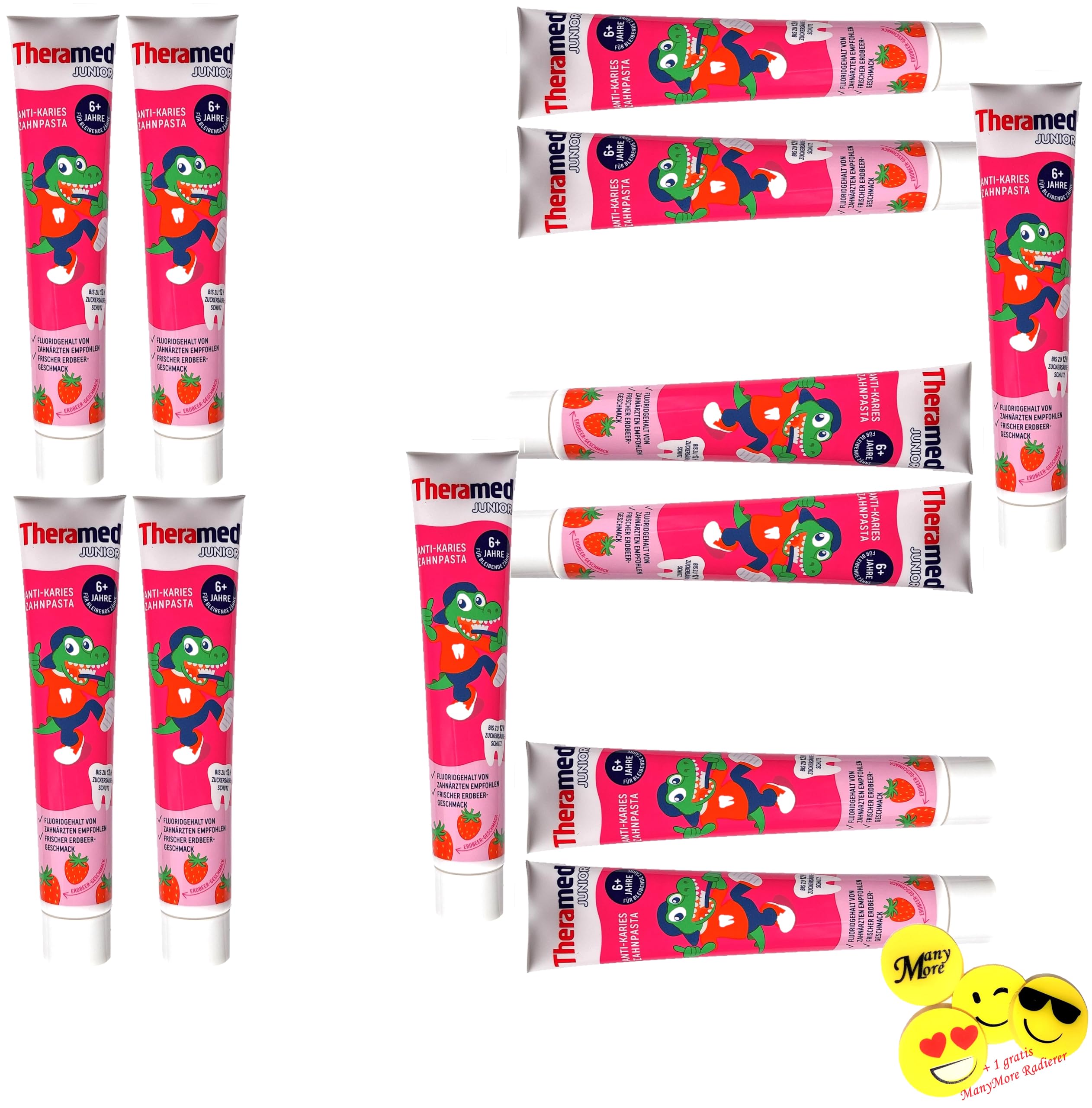 Thera-Med Junior Erdbeere ֍ 12 x 75 ml ֍ Kinder-Zahnpasta ab 6 Jahren ► ohne Minze & Menthol ◄ Junior Zahncreme Erdbeer-Geschmack +1 Gratis Radierer von ManyMore*