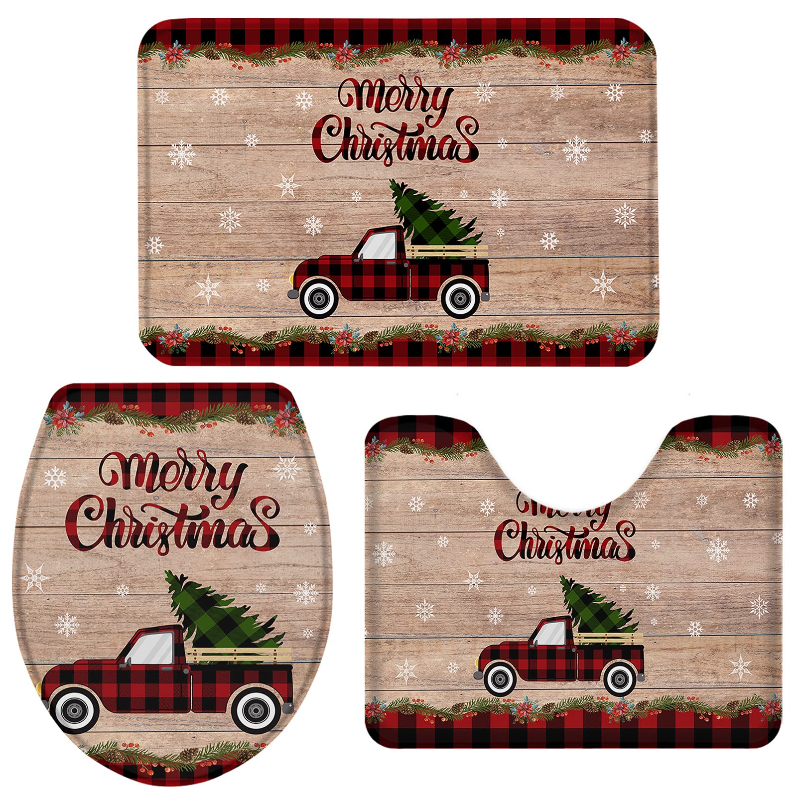3 Pieces Bath Rug Set Toilet Seat Cover Christmas Buffalo Check Plaid Truck Tree Xmas Snowflake Contour Rug,Pedestal Mat and Toilet Lid Cover,Non-slip Bathroom Floor Mat 20