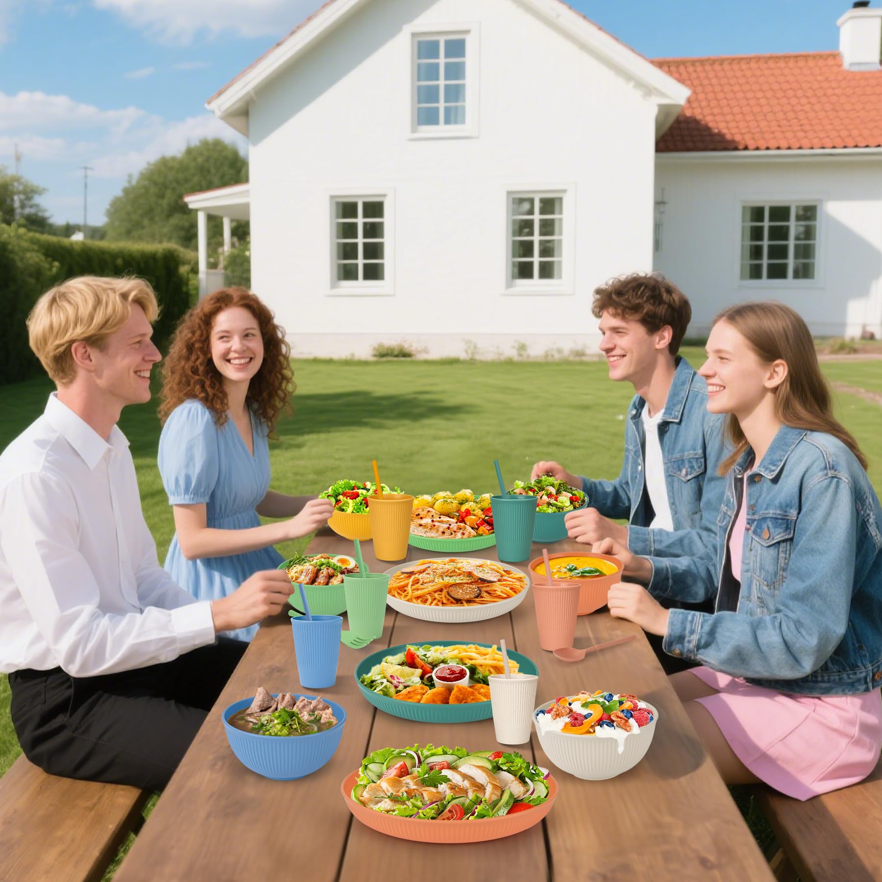 Set di stoviglie infrangibili per 6 persone, 66 pezzi, piatti e ciotole in plastica, piatti in plastica leggera, riutilizzabili, ciotole, tazze, posate, cannuccia, forchette, set di stoviglie per