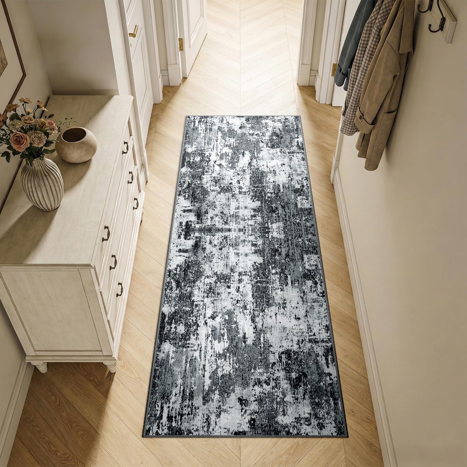 Tapis moderne abstrait noir 60x180 cm pour couloir, salon et cuisine