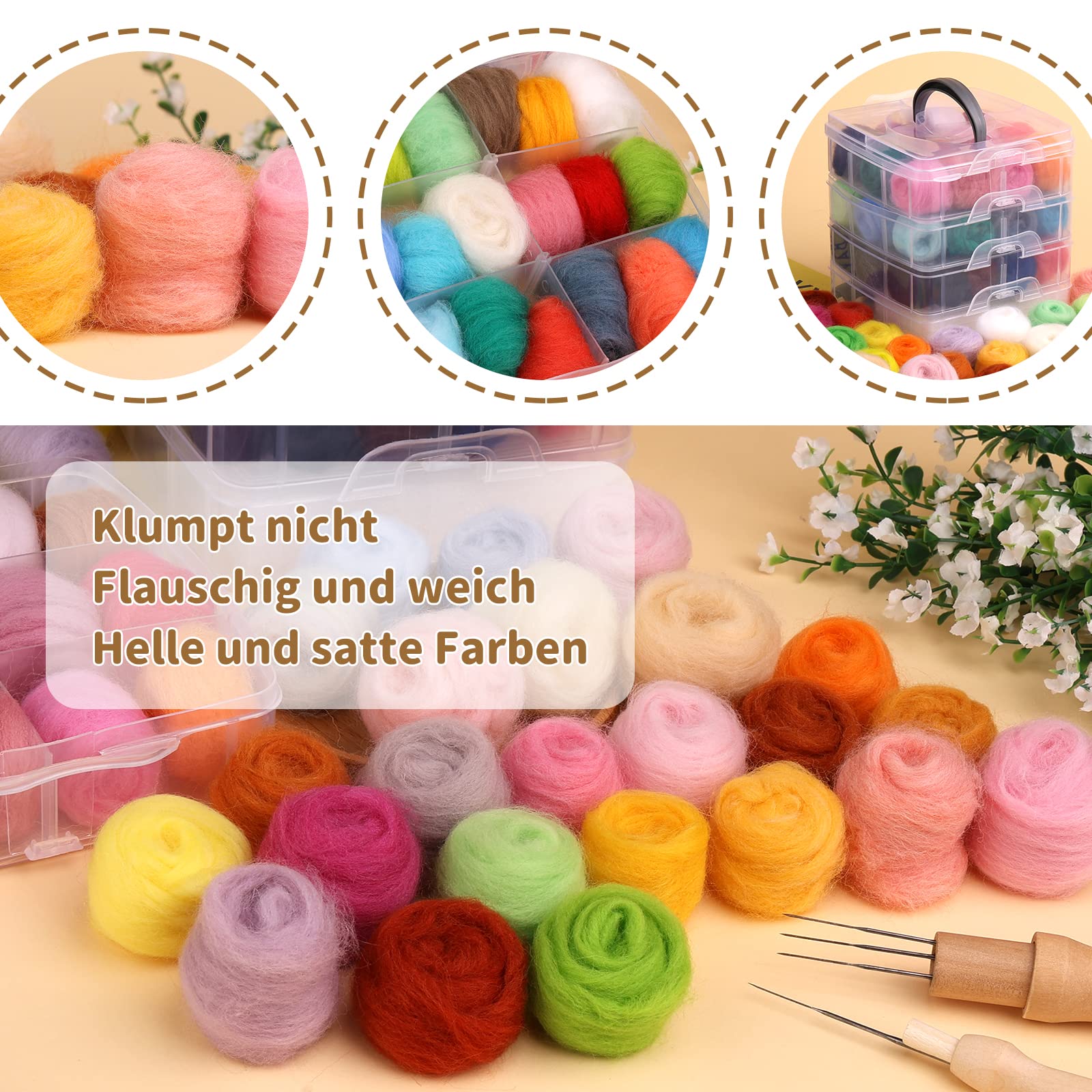 Juego de 128 piezas de fieltro punzonado, herramientas básicas y accesorios, material hilado de fibra de lana para manualidades para principiantes DIY fieltro animal artesanía