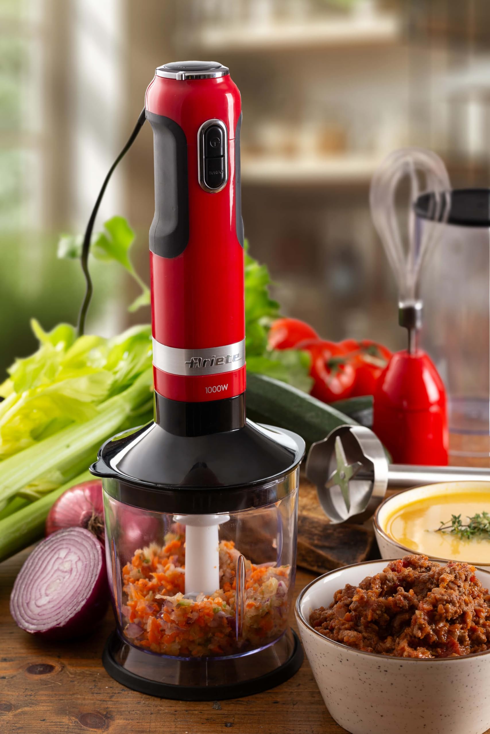 Ariete, 3-in-1 Stabmixer Moderna 602, Inklusive Zerkleinerer, Mixbecher Und Schneebesen, 10 Geschwindigkeiten + Turbofunktion, Abnehmbare Edelstahlklinge Und Stab, 1000W, Rot