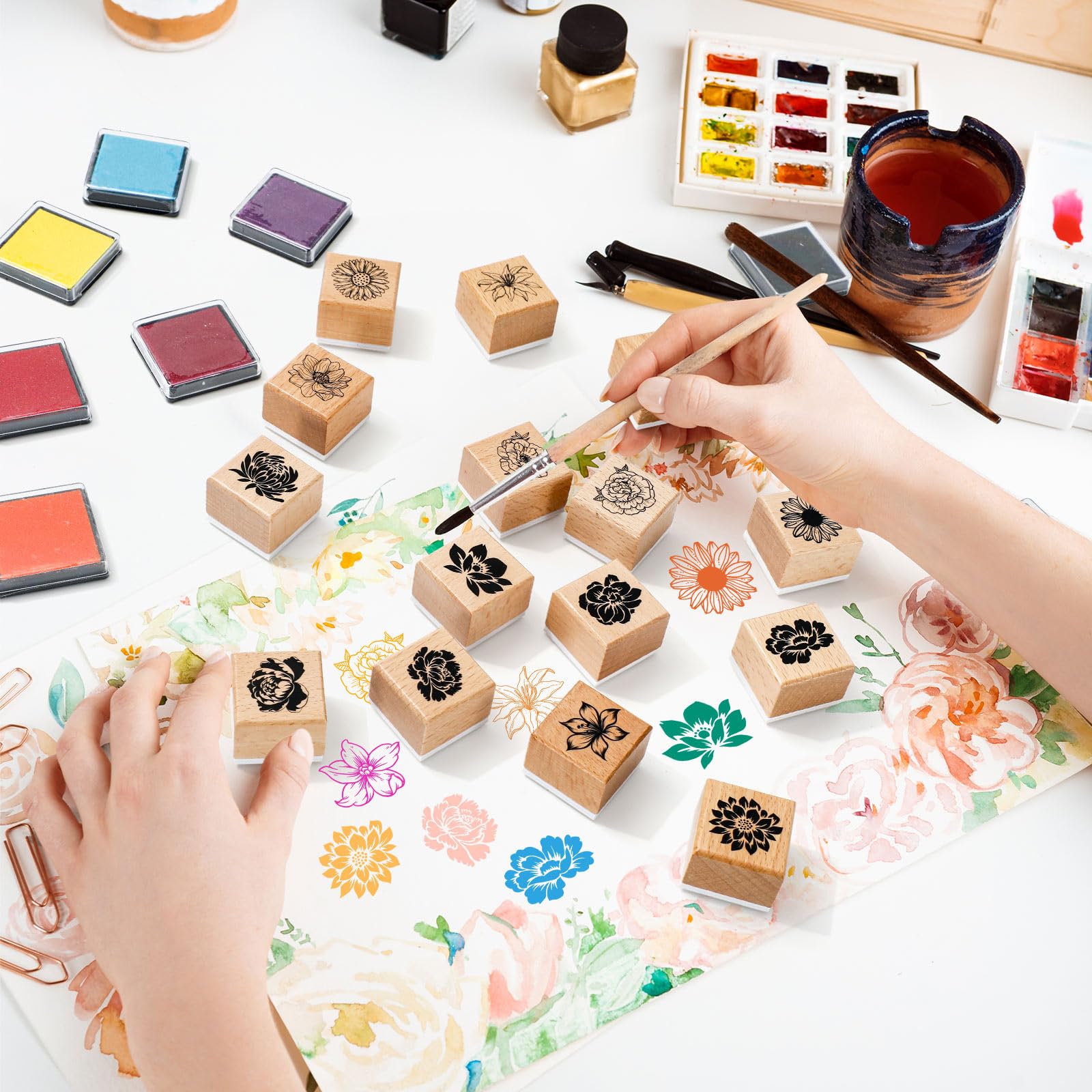 JarThenaAMCS Gummistempel-Set mit Blumen-Motiv, mit Stempelkissen, Frühlingsblumenmuster, Bastelstempel für Frühling, Party, Dekoration, Scrapbooking, Karten, Planer, 24 Stück