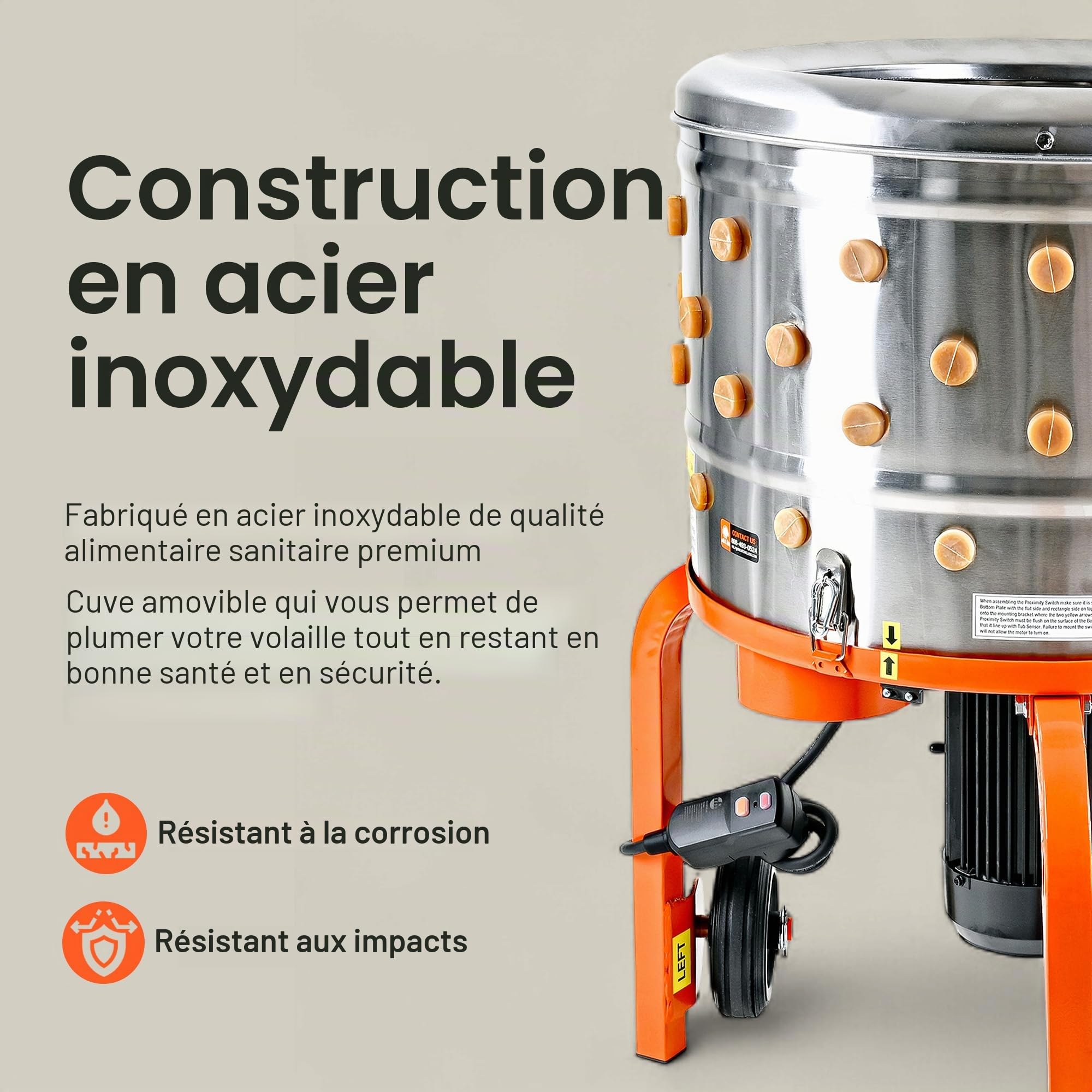 SuperHandy Déplumeuse à poulets électrique, 800 W,230 V, acier inoxydable | 92 doigts souples et tambour de 50 cm pour un plumage rapide et uniforme; idéale pour la transformation de volaille
