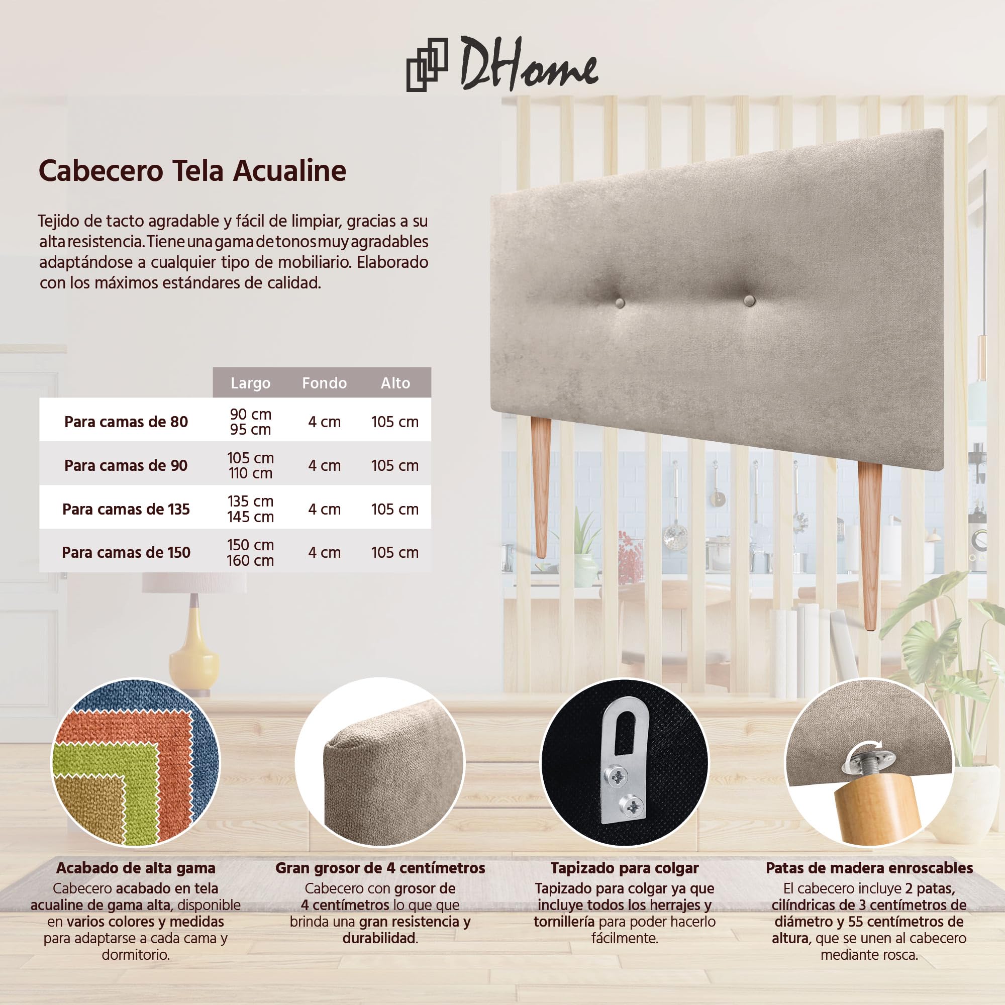 DHOME Cabecero De Tela Acualine Liso Con Botones Y Patas Tapizado De