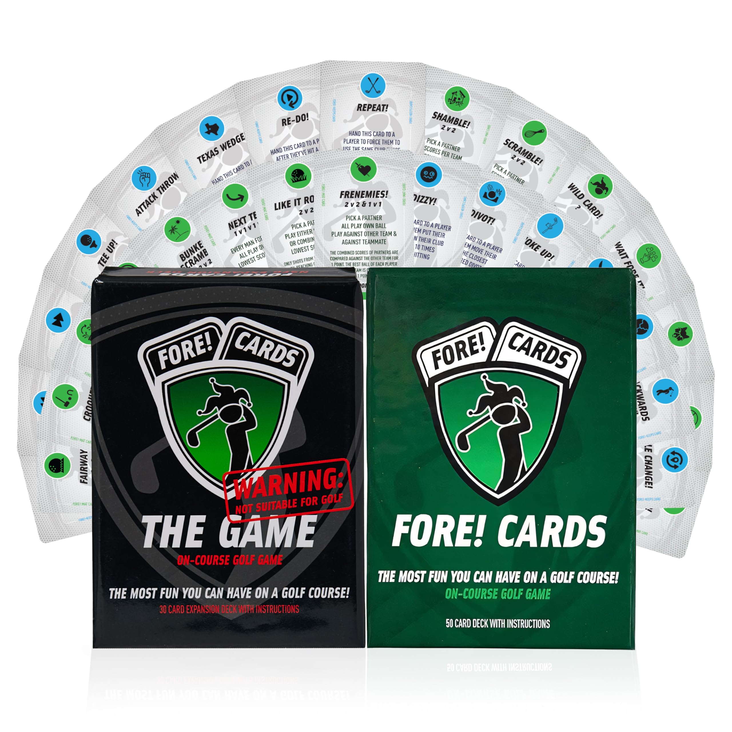 On-Course Golf Card Game & Expansion Pack Bundle – Fun Golf Games with Classic & Crazy Formats for Foursomes – Unique Golf Gift for Men, Women & Groups – 80 Fun Playing Cards Included