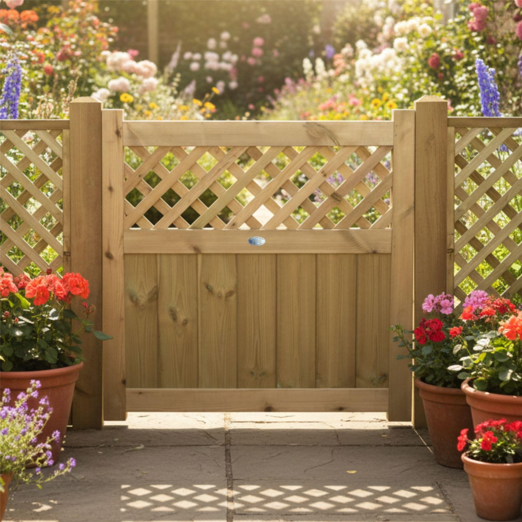 Garden Gate Pressure Treated Diamond Lattice Insert Fully Framed Wooden Pedestrian Decorative Timber Garden Door, H:3ft x W:3ft Ideal for Outdoor Pathway Home Access, 90cm High x 90cm Wide