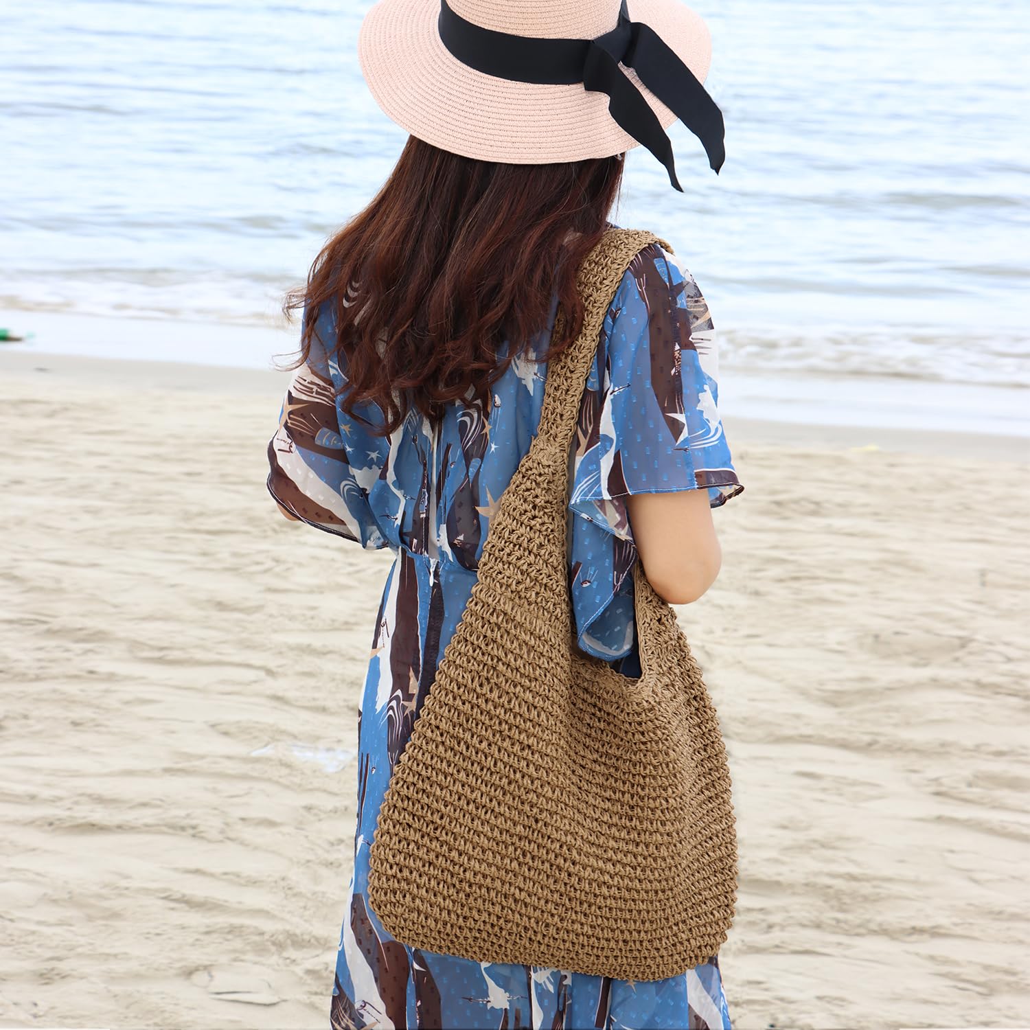 Bolso Tote de Paja Bolso de Hombro de Playa de Verano para Mujer, Monedero Informal Tejido a Mano de Gran Capacidad