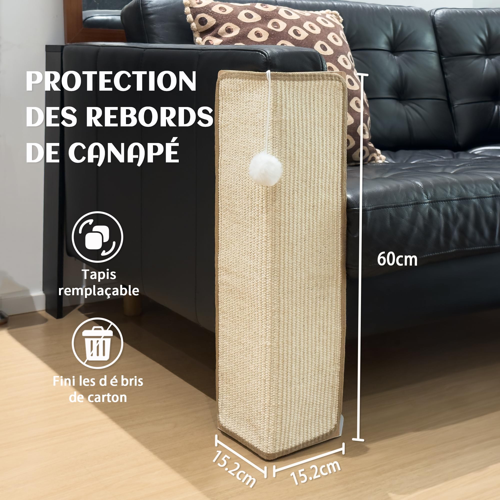 PETKARAY Under-Furniture Griffoir pour Chats, Poteau griffoir en sisal de 60 cm pour Angle de canapé, protège-Meubles pour canapé avec Balle Jouet