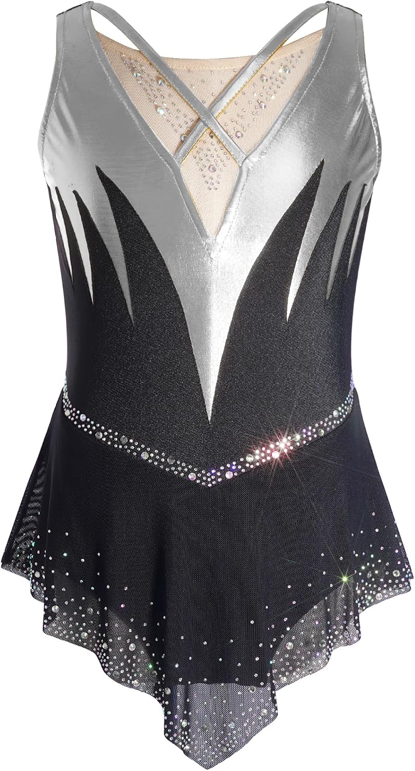 Kids Girls Figure Skating Dress Sleeveless Rhinestone Ballet Gymnastics Skirted Leotard for Performance