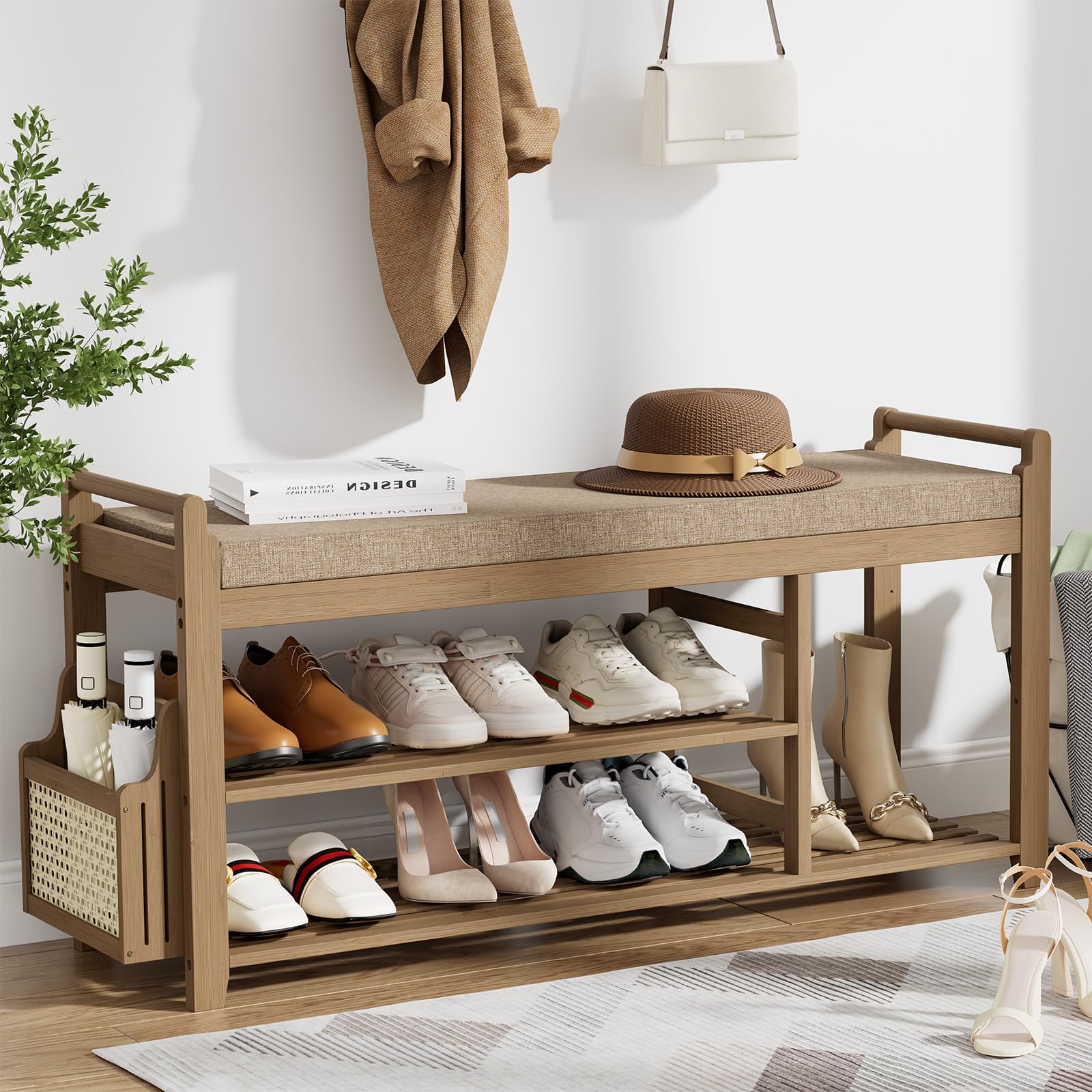 Homaxy 2-stöckiges Schuhregal Bank mit Seitenhalter 106,4 cm Bambus-Eingangsbank Schuhregal Organizer mit Kissen Walnuss Hellbraun