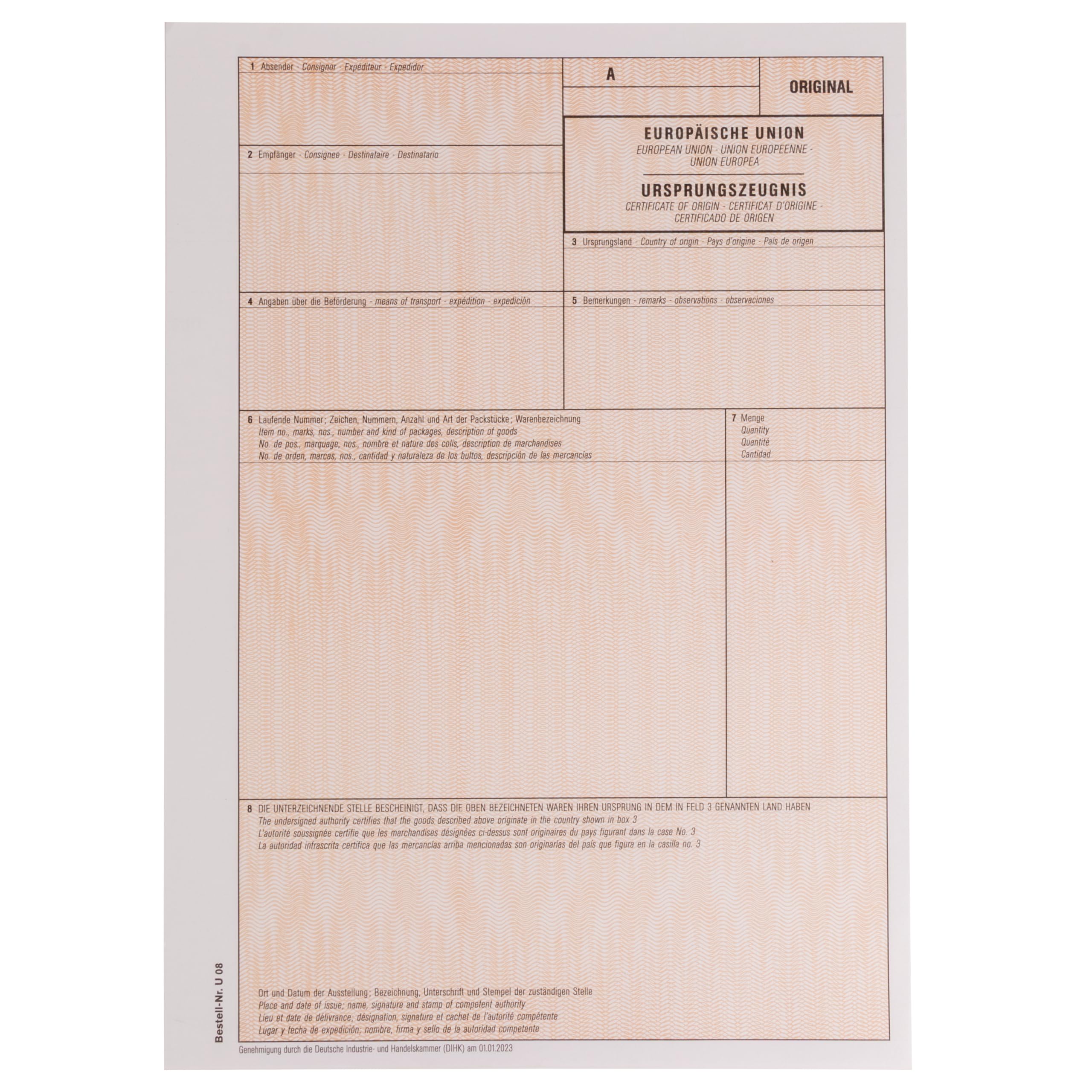 MASHPAPER Elektronisches Ursprungszeugnis IHK Formular Vordruck 1-fach ohne Lfd-Nr für Laser- und Inkjetdrucker 100 Stück