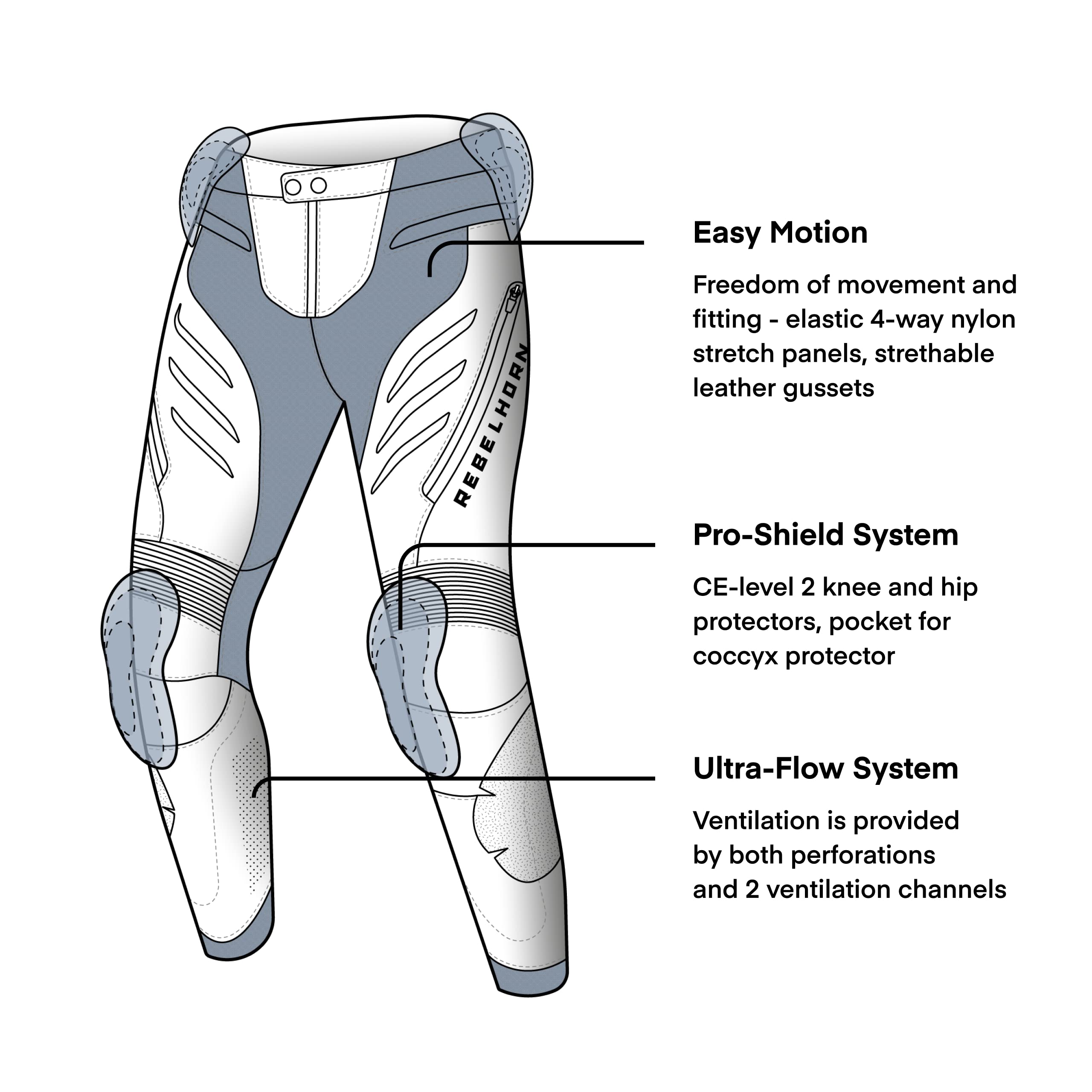 REBELHORN Veloce Pantaloni da Moto Uomo | Pelle | Protezioni Ginocchia e Fianchi Livello 2 | Cursori per Ginocchia | 2 Canali di Ventilazione con Cerniera | Taglie Fino alla 62