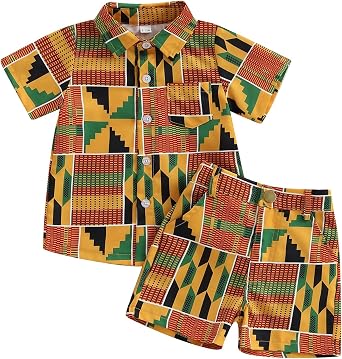Toddler Baby Boy Summer Outfits Dashiki Ankara Clothes Geometric Print Collared Short Sleeve T-shirt Shorts Set 2Pcs