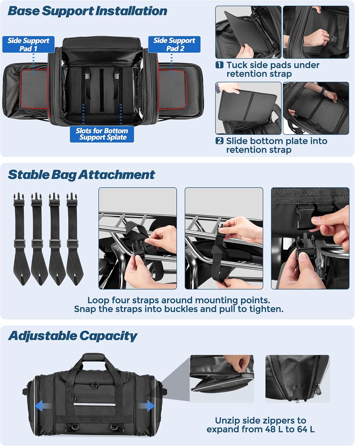 Waterproof Motorcycle Tail Luggage Bag, 48L-64L Expandable, a Rain Cover Included, Bag with 4 Rack Mount Straps and Multiple Pockets - Black - Image 5