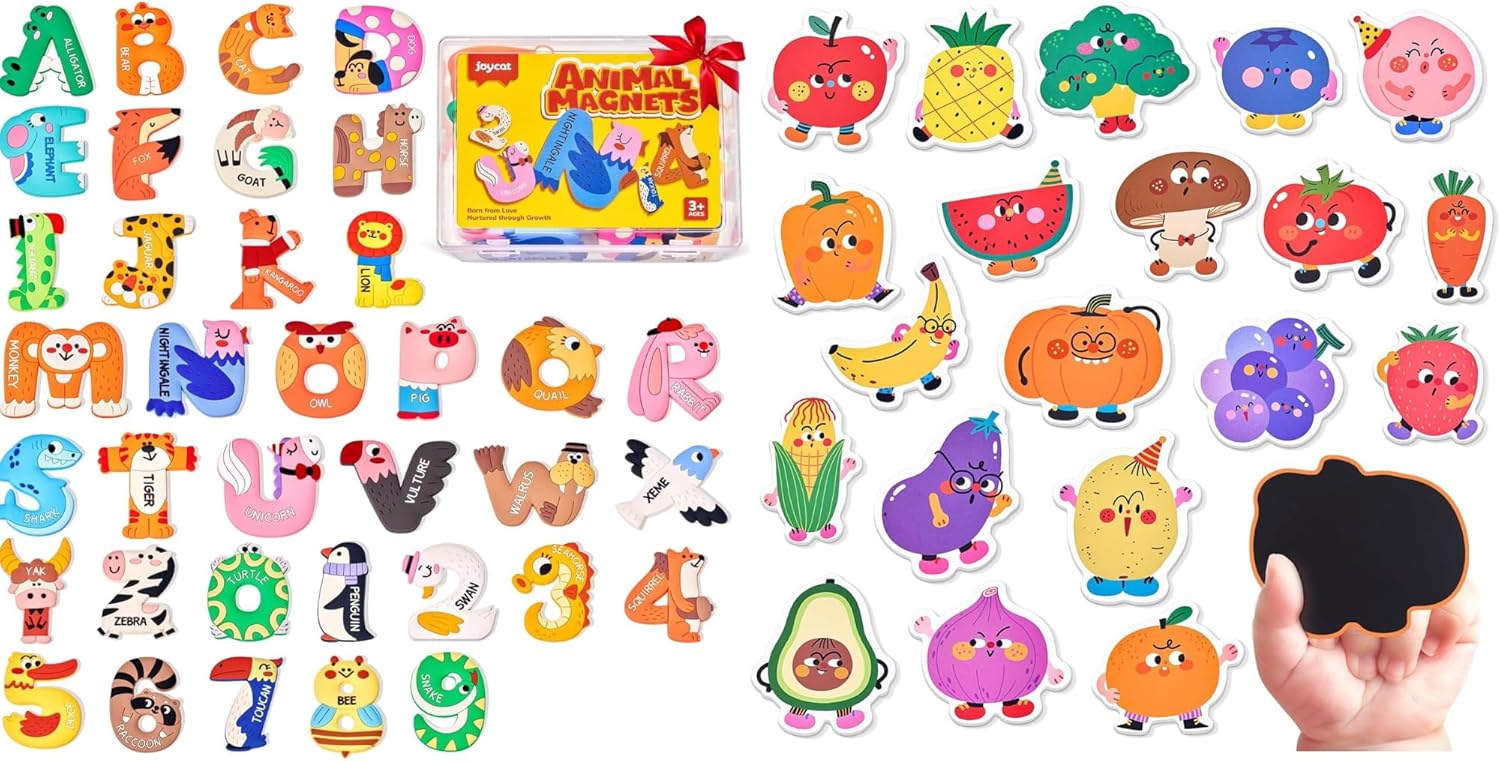 JoyCat Wooden Fridge Magnets-Letters and Numbers & Fruits & Vegetables Food Cartoon Magnets
