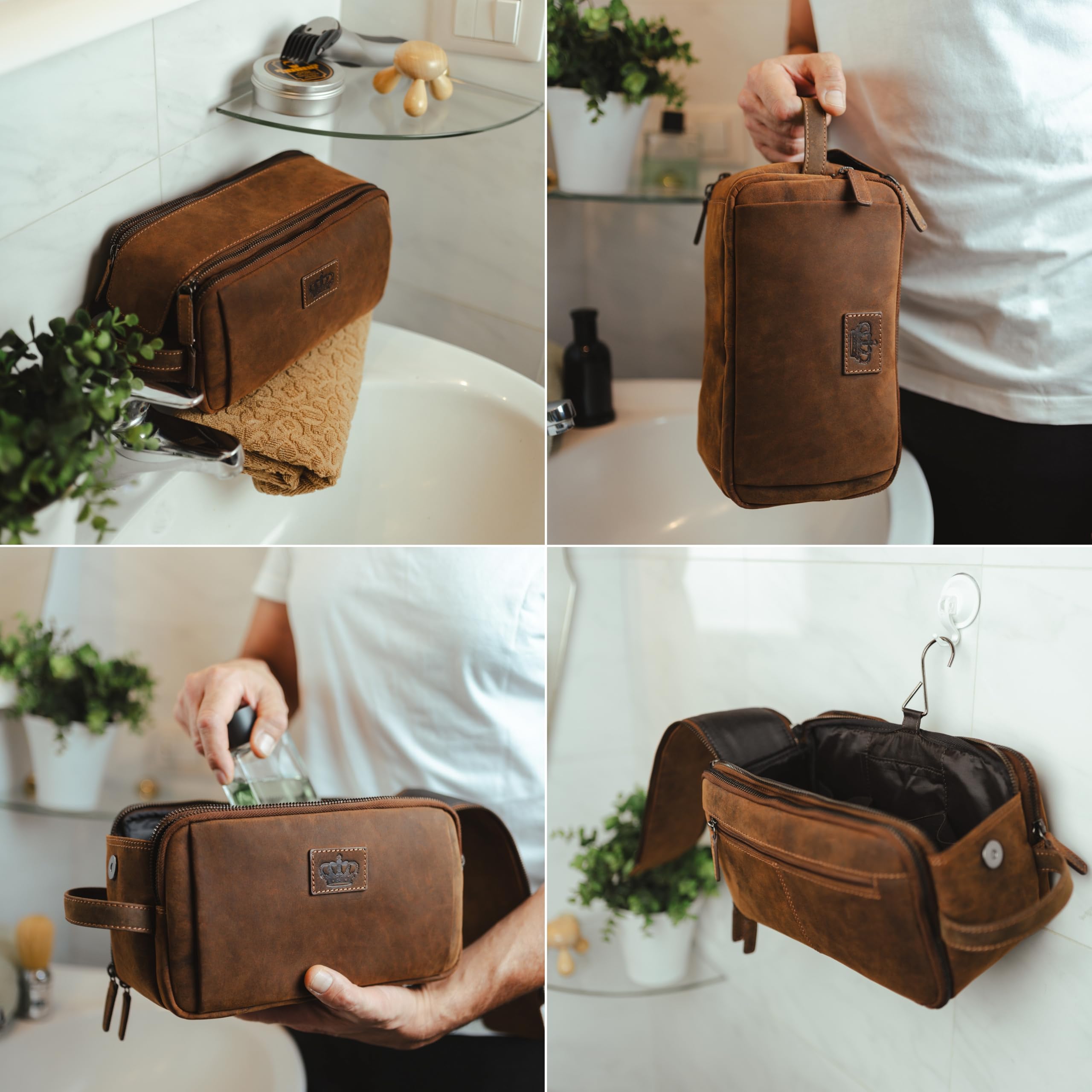 Baur beauty case in vera pelle – grande trousse da viaggio con molto spazio – beauty case da donna e uomo (Pelle di bufalo marrone)