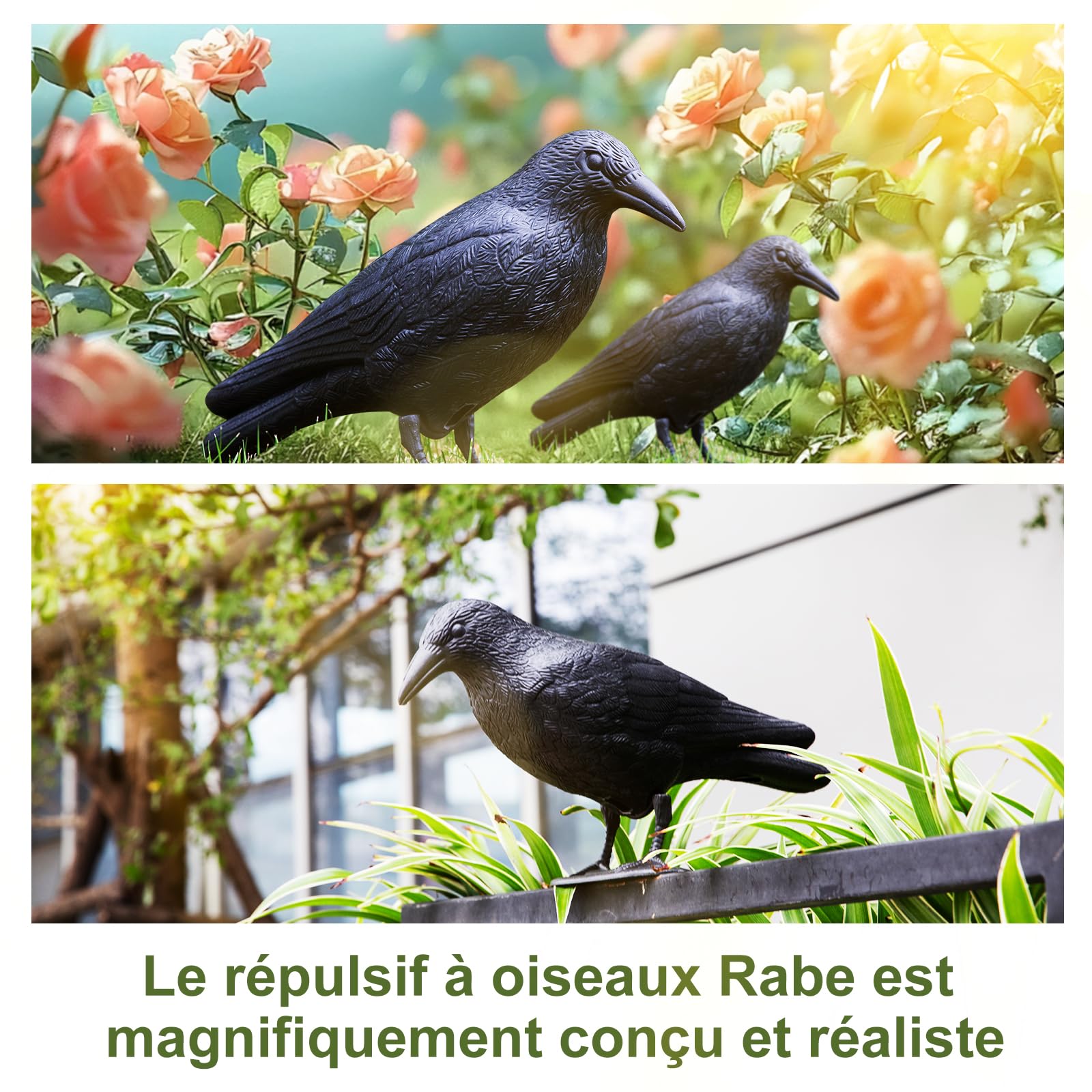 OFFO Corbeau Anti-Pigeon Noir, Effaroucheur Pigeons,Repousse Pigeon Balcon Toit Jardin,PE Haute Qualité(2 Pièce)
