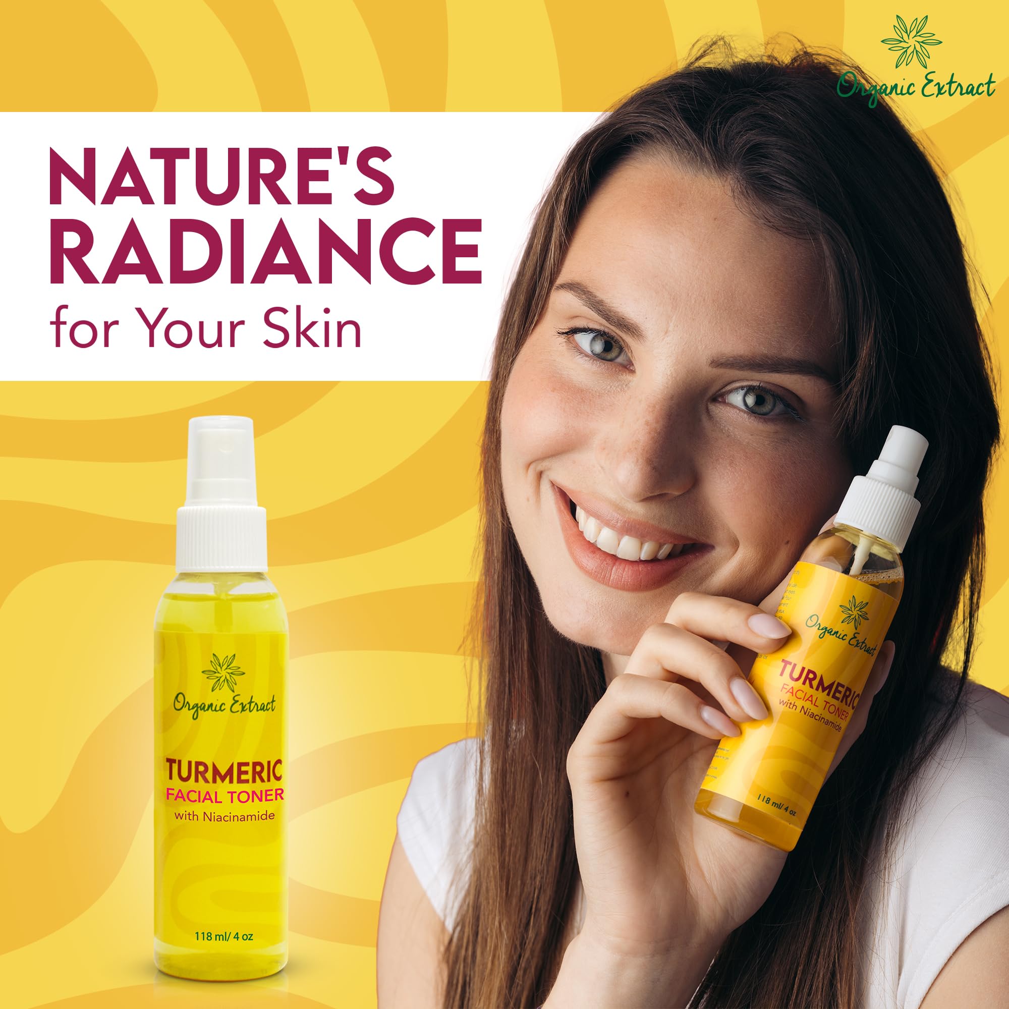 Toner Visage à l'Extrait de Curcuma Bio - 4 fl oz / 118 ml - Tonique Éclaircissant pour le Visage, Élimine Doucement les Impuretés - Tonique Exfoliant et Hydratant avec Glycérine, Aloe Vera