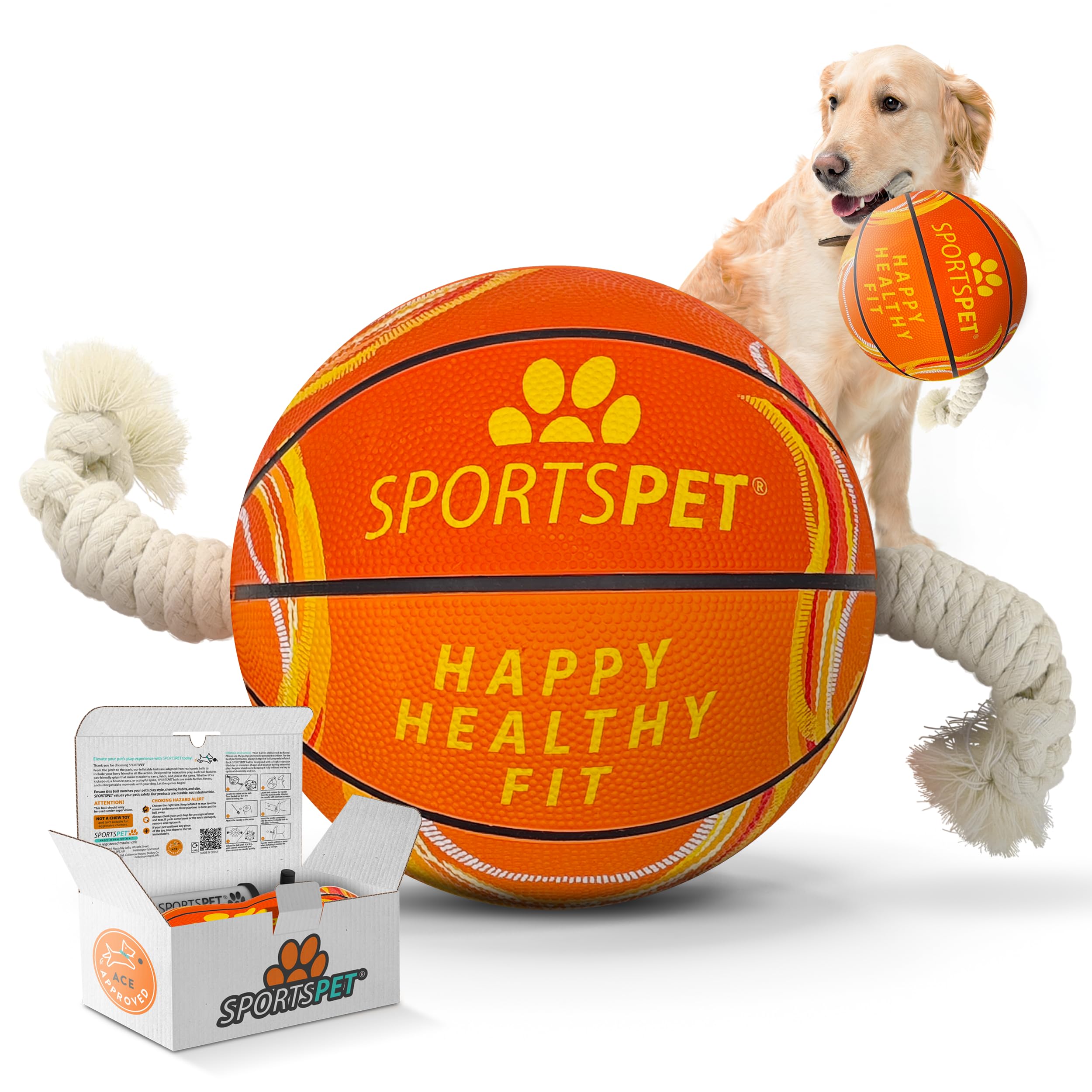 SPORTSPET Tug Rope Dog Basketball, Durable Interactive Dog Ball Toy for Tug of War & Fetch, Tough Outdoor Dog Toy for Medium & Large Dogs, Dog Birthday Gift (Orange - Large)