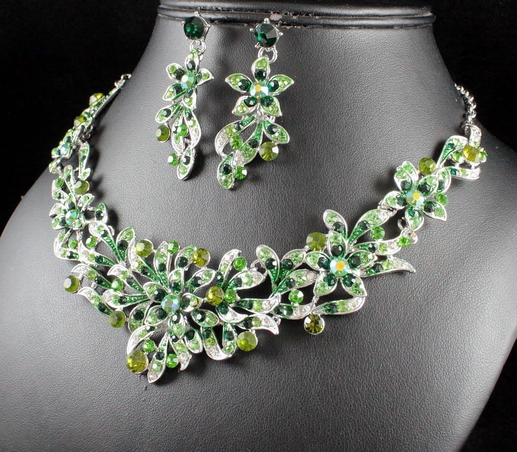 FLORAL FLOWER GREEN AUSTRIAN RHINESTONE CRYSTAL BIB STATEMENT NECKLACE AND EARRINGS SET PARTY BRIDAL N1731G