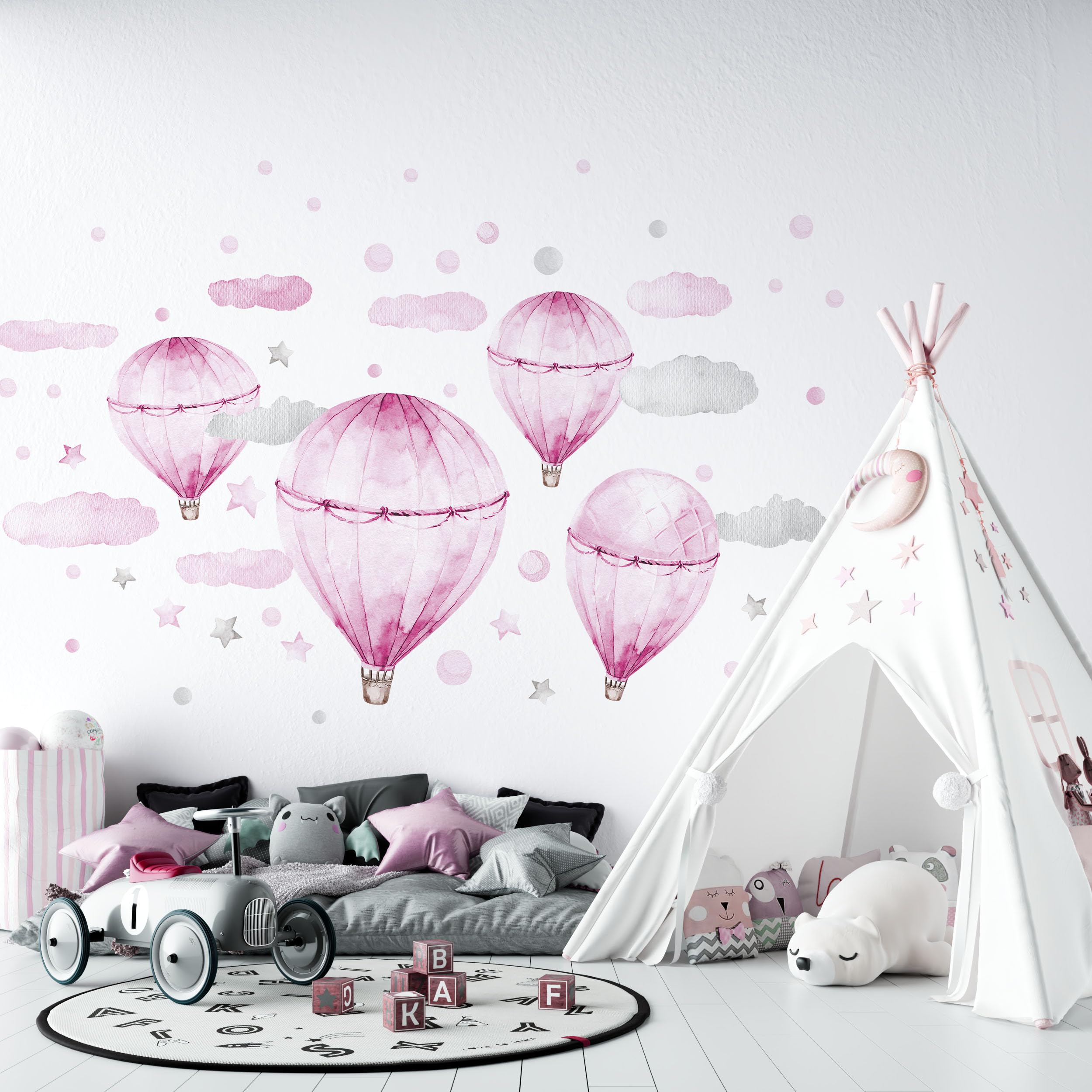 Stickers muraux rose pastel avec ballons nuages et étoiles pour déco enfant