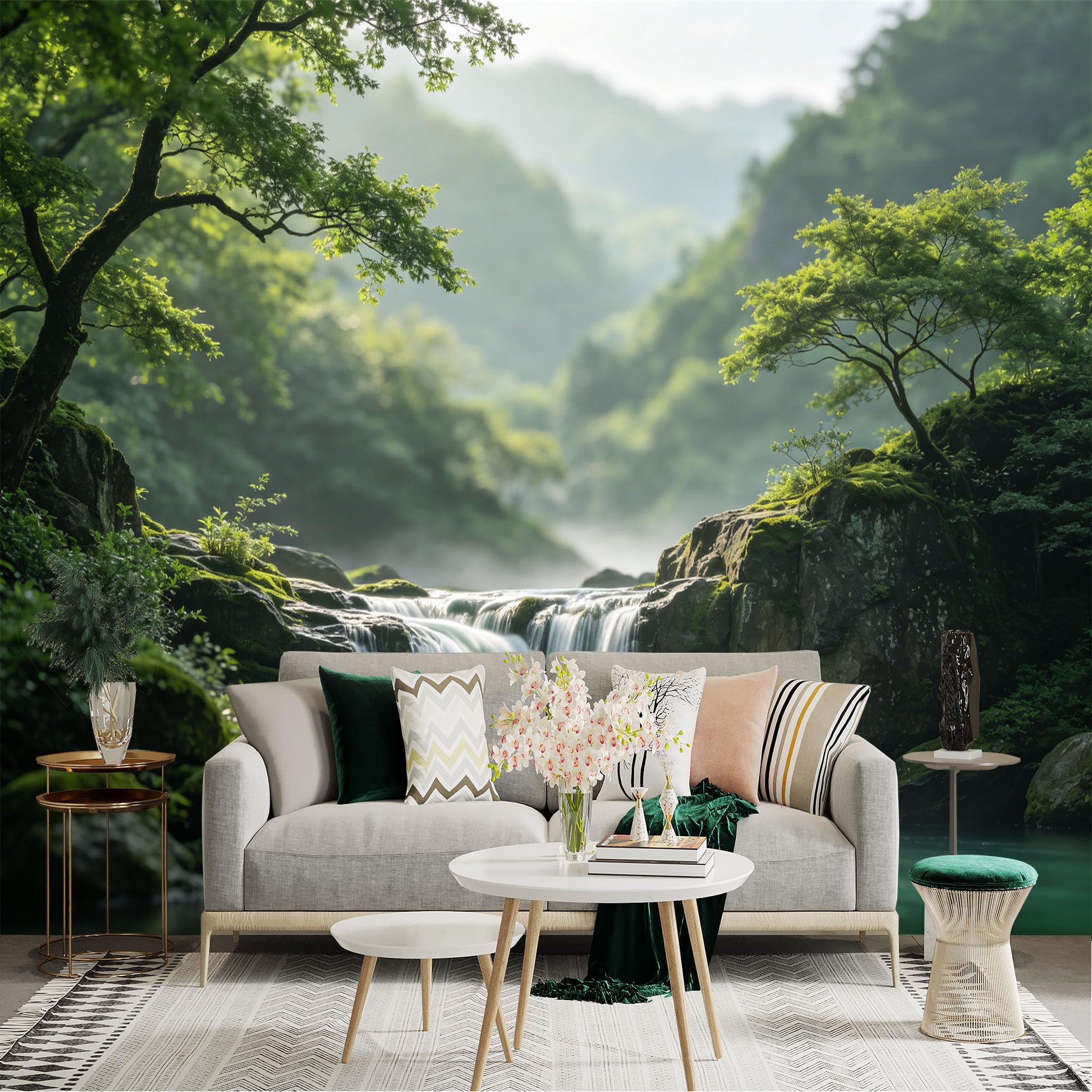 Lnzczhyre Dbh260521327 Custom Size Wall Sticker Mural， Serene Mountain Waterfall， Lush Forest Stream， Nature Landscape Scenery， Tranquil River View， For Wall Decoration， Peelandstick Wall Decals.