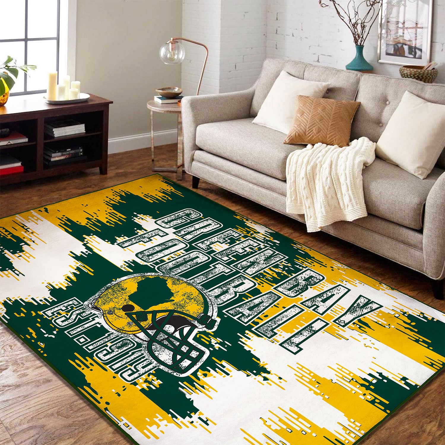 YANGUMGUAN Green Bay Living Room Rug for Bedroom Machine Washable Football Sports Area Rugs Carpet Non-Slip Backing for Boys and Man Cave Decor 5x7