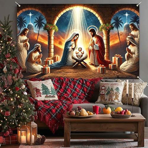 Miniatura 4 de Pancarta de Navidad de 71 x 43 pulgadas, telón de fondo con pesebre Jesús María y José para iglesia, hogar, fiesta religiosa, decoración de pared