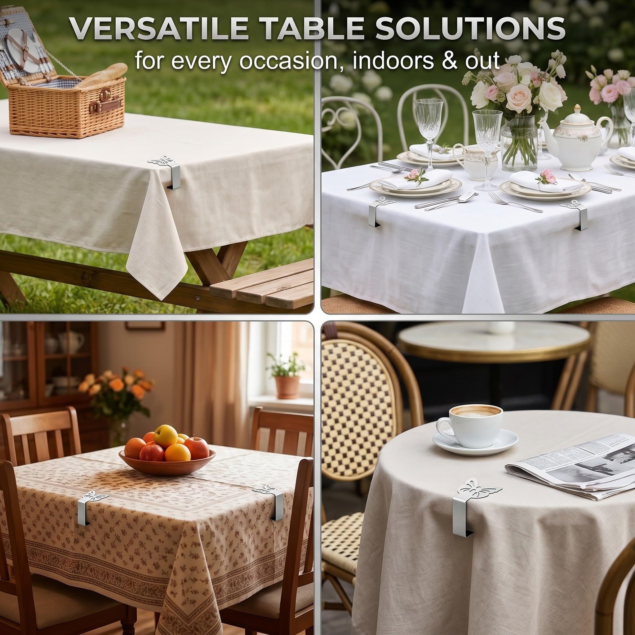 10 Pinzas Sujeta Manteles de Mesa en Acero Inoxidable, Clips para Manteles con Diseño de Mariposa, Sujeta Manteles Exterior e Interior Ideal para Jardín, Picnic, Bodas y Fiestas