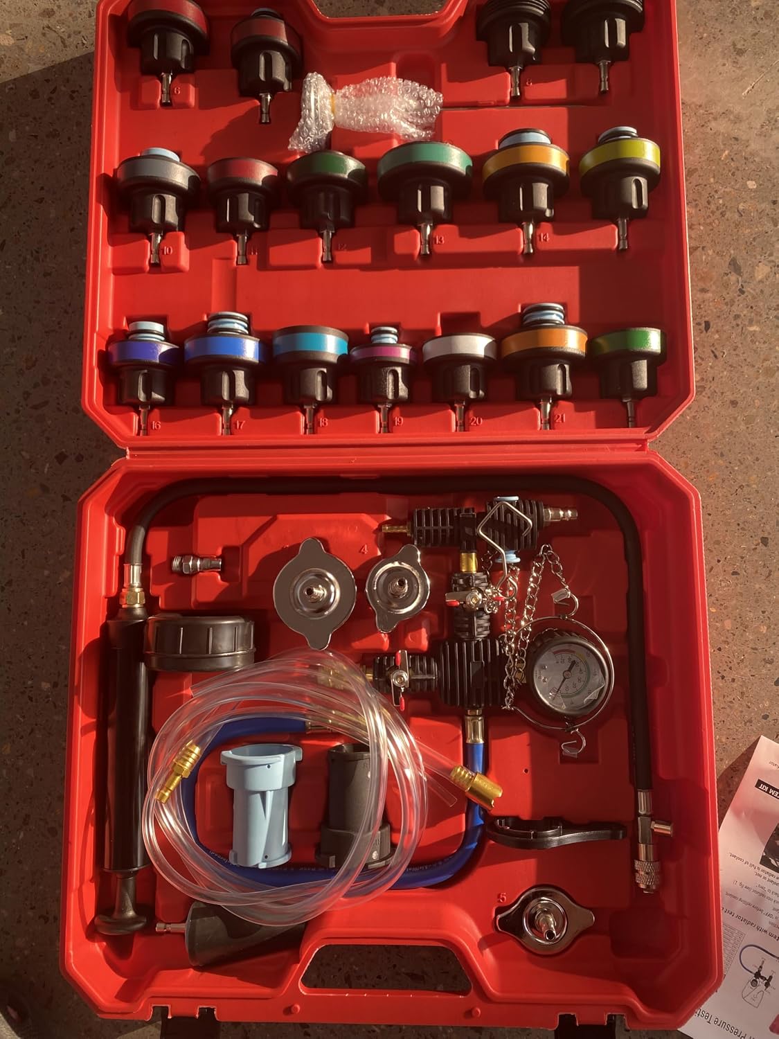 28 PCS Pressure Tester Kit Coolant Vacuum Refill Kit with Color Coded Test and Accurate Gauge for Cooling System Leakage Testing and Refilling Compatible with Most Vehicles