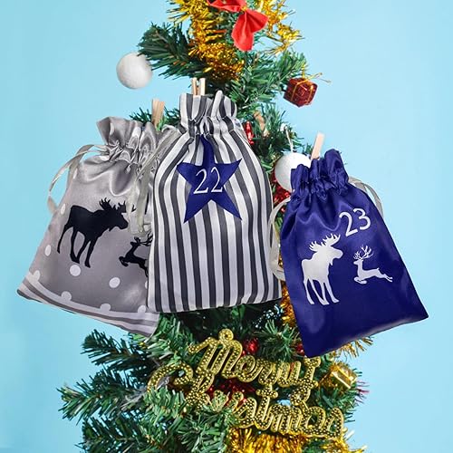 Miniatura 5 de HIPIHOM Bolsas de calendario de Adviento de Navidad, bolsas de satén de arpillera con cuenta regresiva de 24 días, calendario de Adviento colgante,