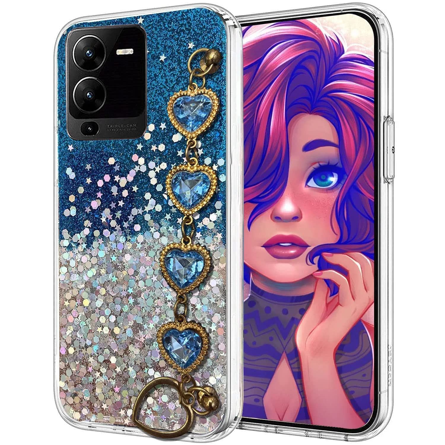 KC Back Cover for Vivo V25 Pro 5G, Epoxy Dry Non Moving Luxury Diamond Bracelet Holder TPU Sparkle Stars Silicone Girls Women Case (Blue) (B0BR8WQ11S) Amazon Price History, Amazon Price Tracker