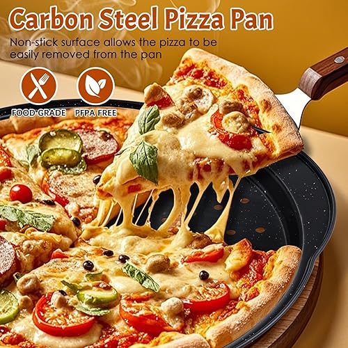 Miniatura 4 de 2P sartenes para pizza antiadherentes - Bandeja redonda de pizza de 12" con agujeros y asa, sartén de pizza de acero al carbono para horno, apto